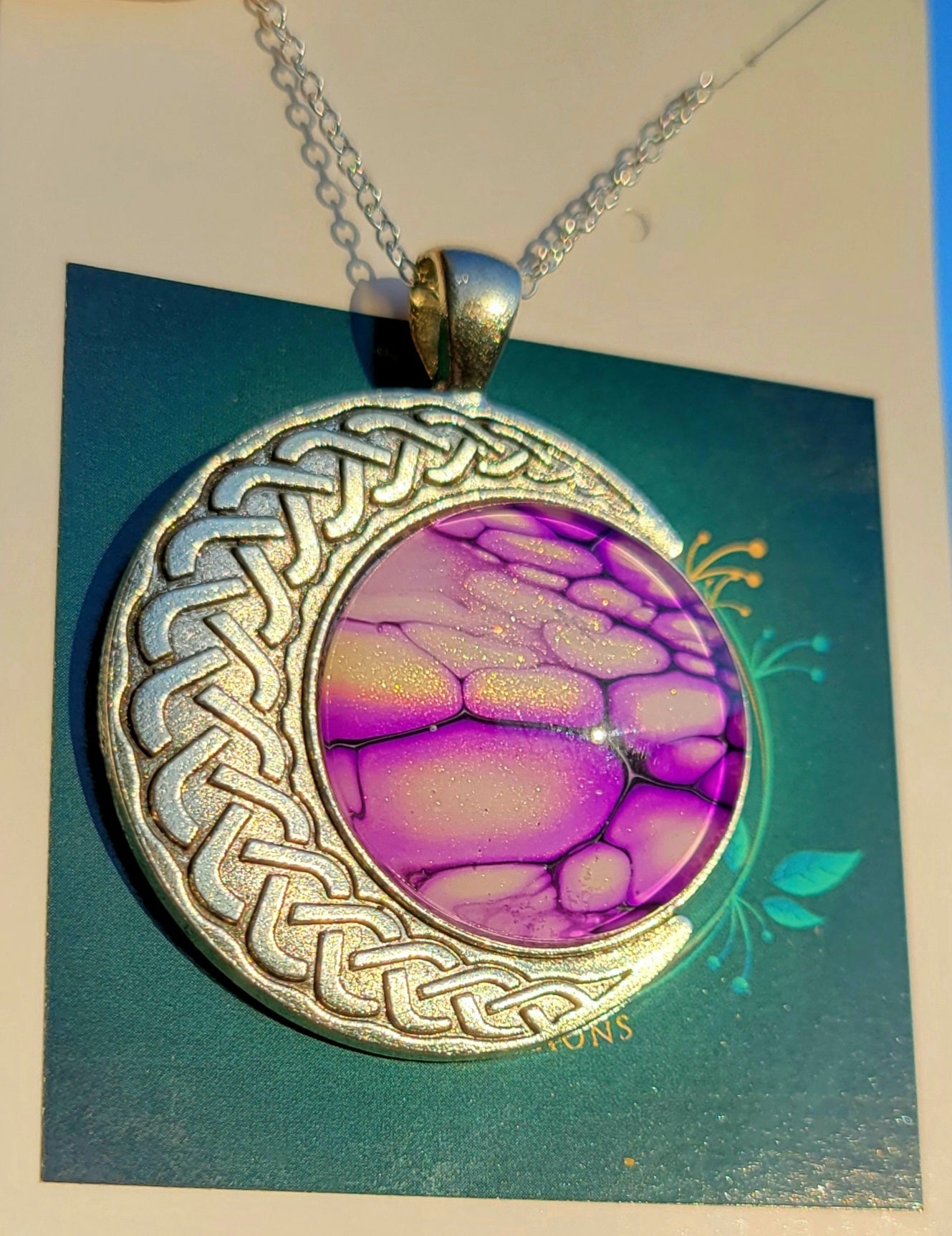 Handmade Fluid Art Crescent Moon Pendant with 20 inch silver plated necklace chain