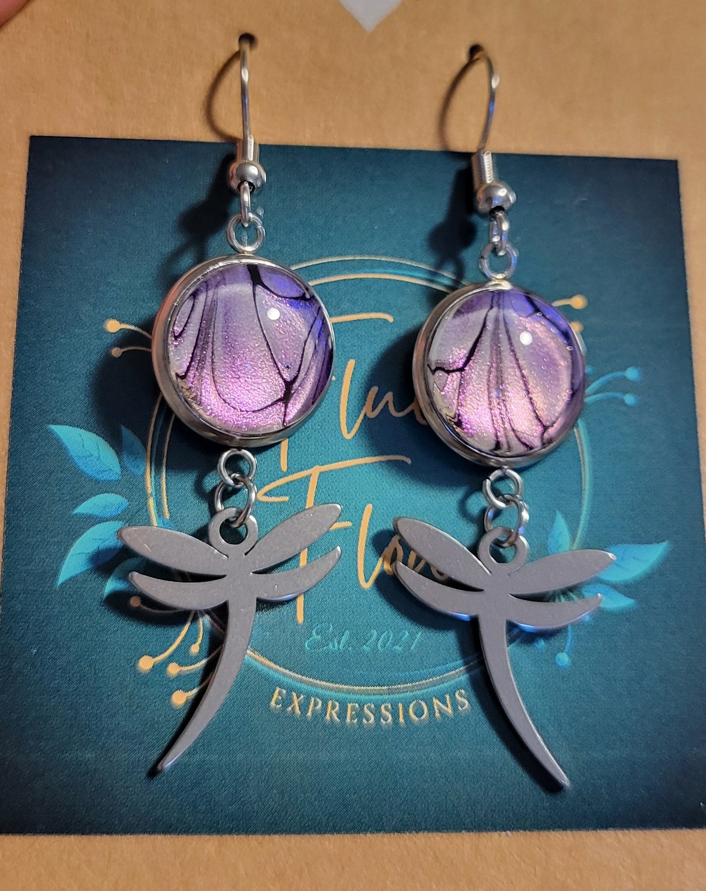 Handmade Colorshifting Silver Dragonfly Hook Earrings