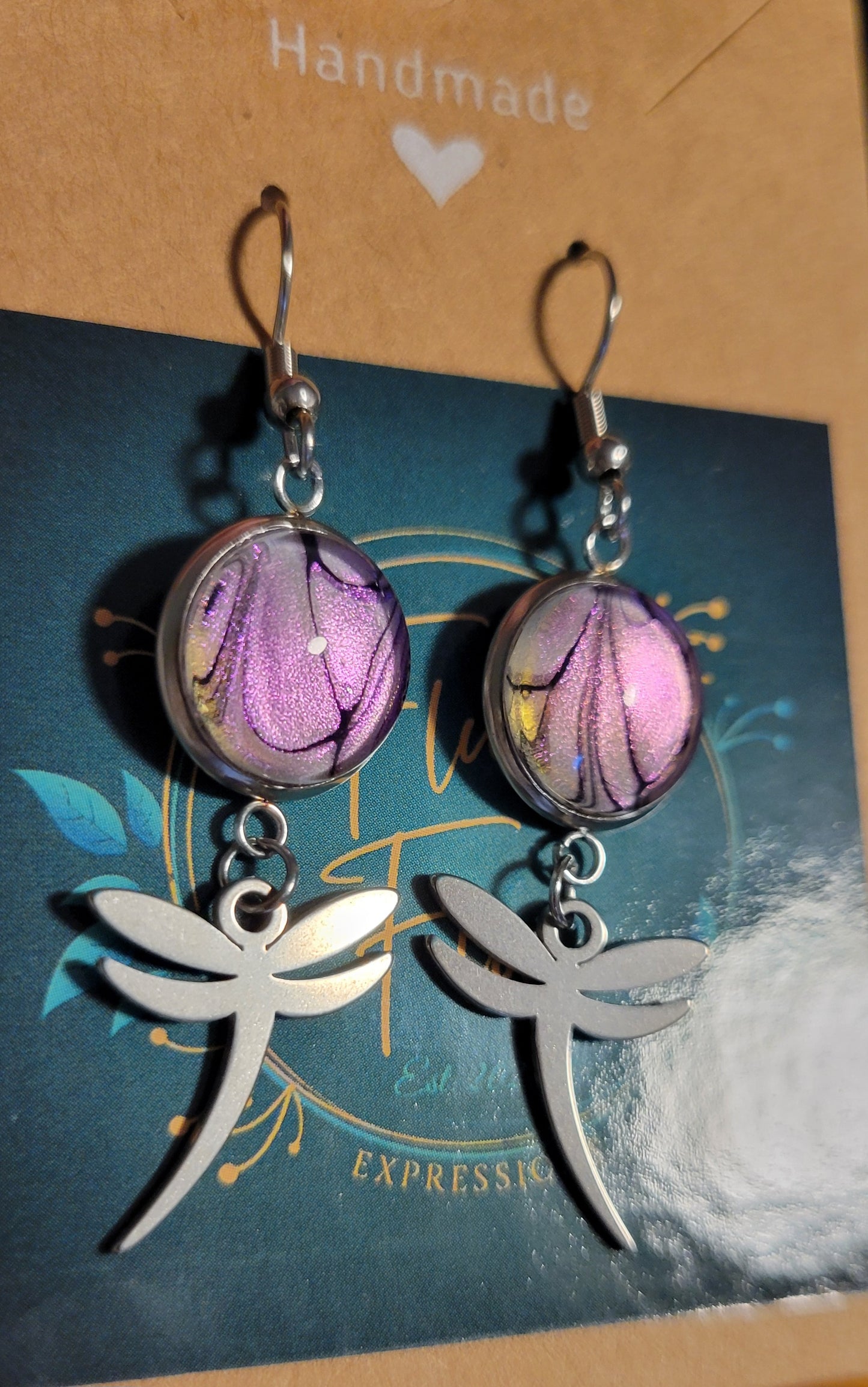 Handmade Colorshifting Silver Dragonfly Hook Earrings