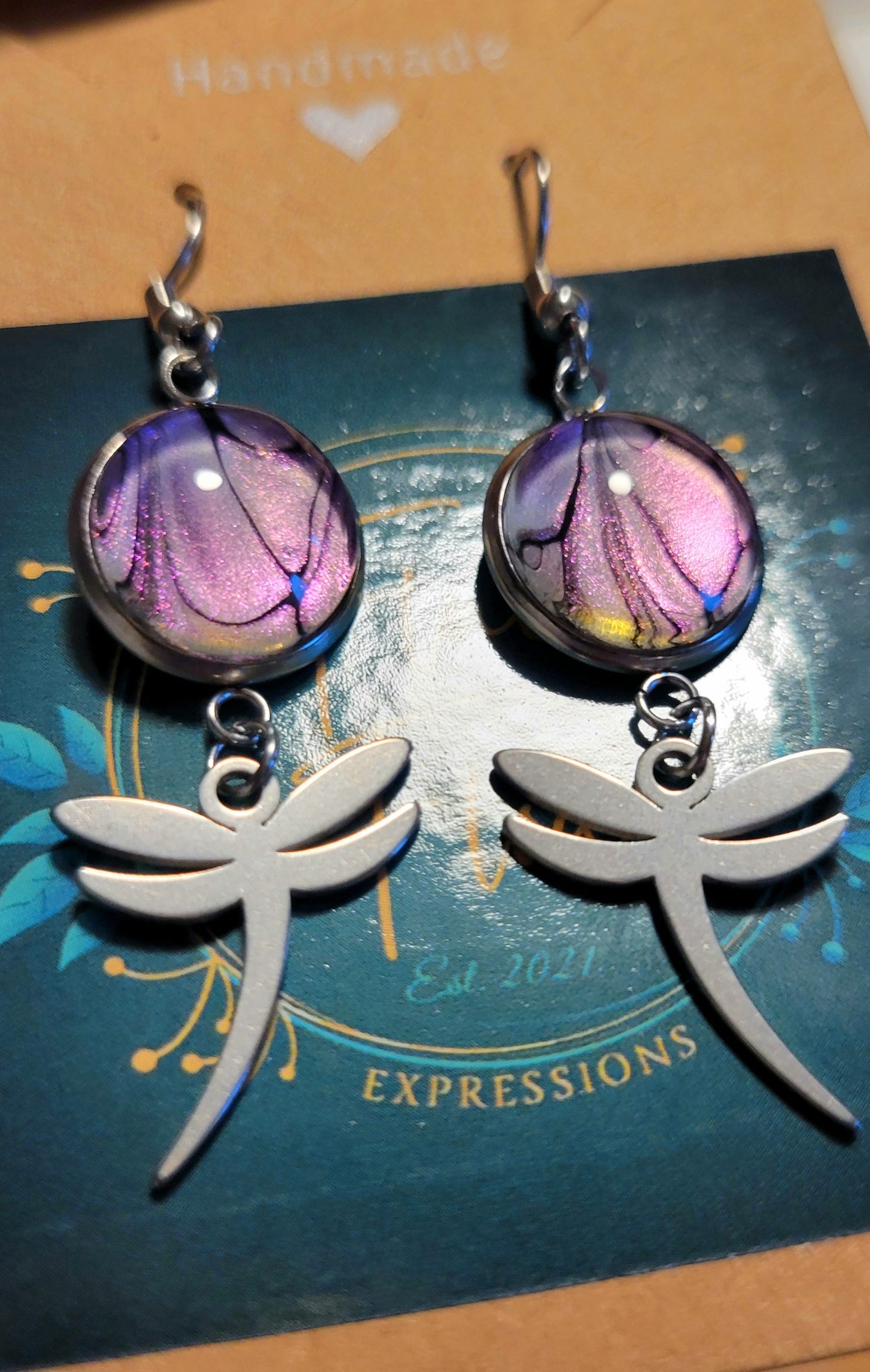 Handmade Colorshifting Silver Dragonfly Hook Earrings