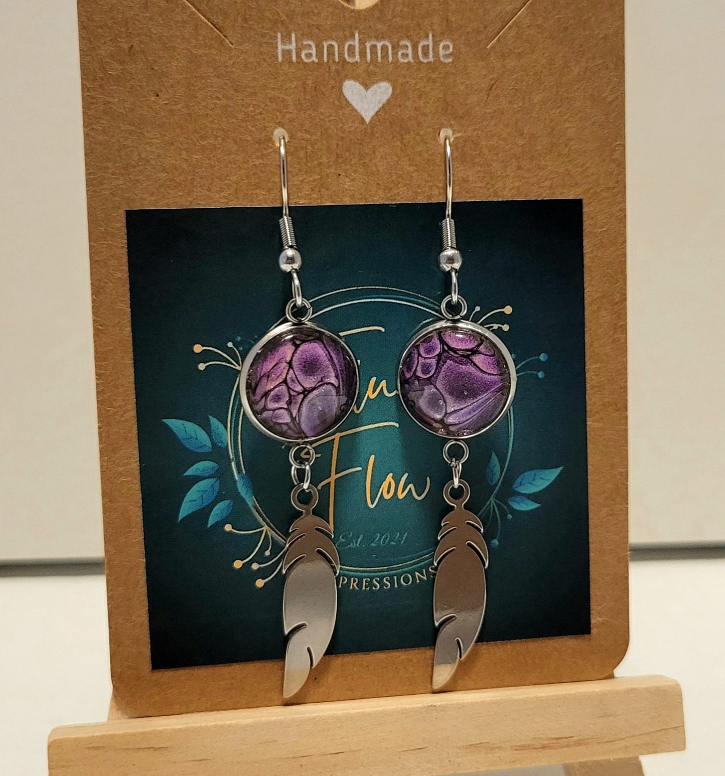 Handmade Colorshifting Silver Feather Hook Earrings