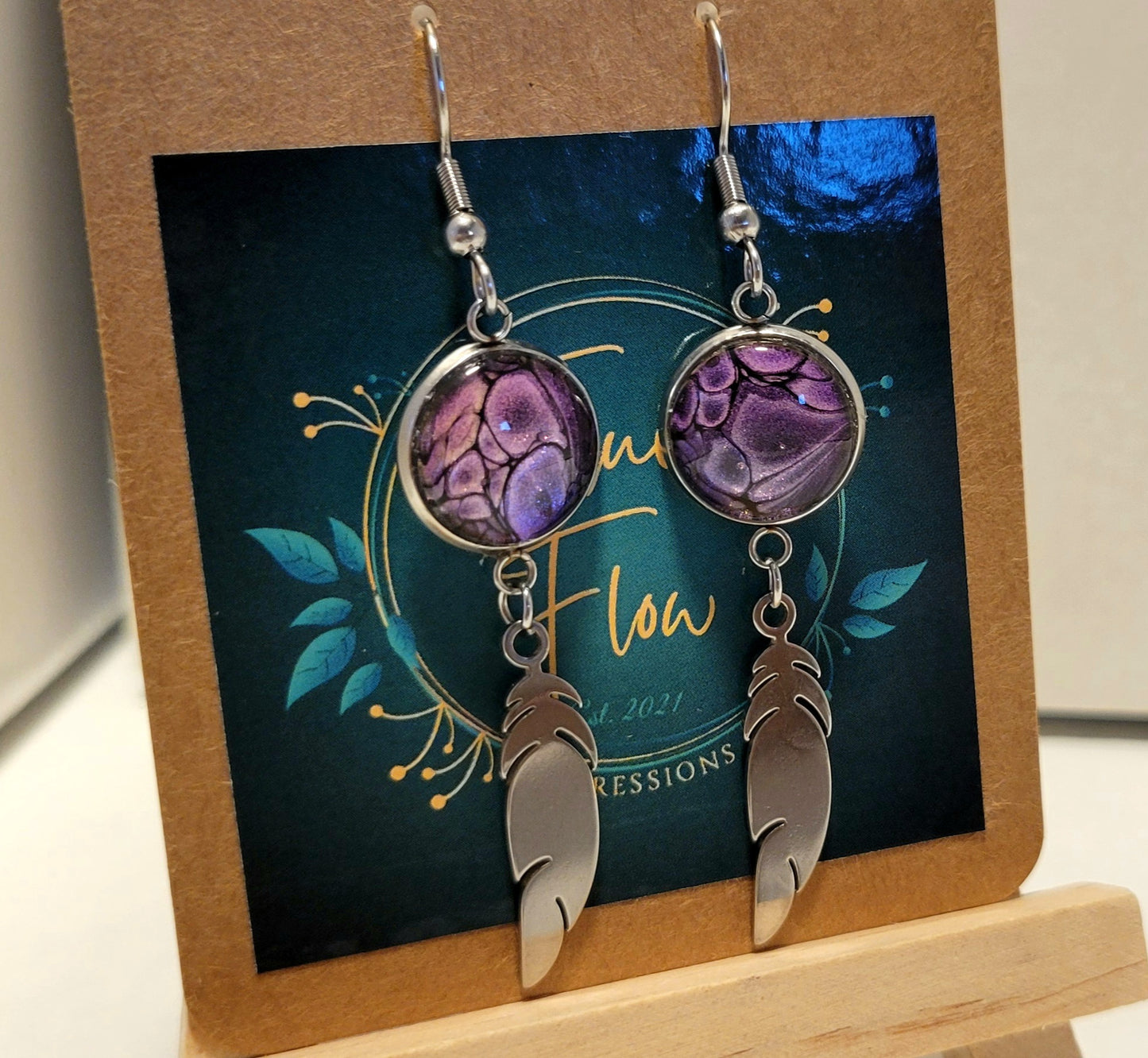 Handmade Colorshifting Silver Feather Hook Earrings