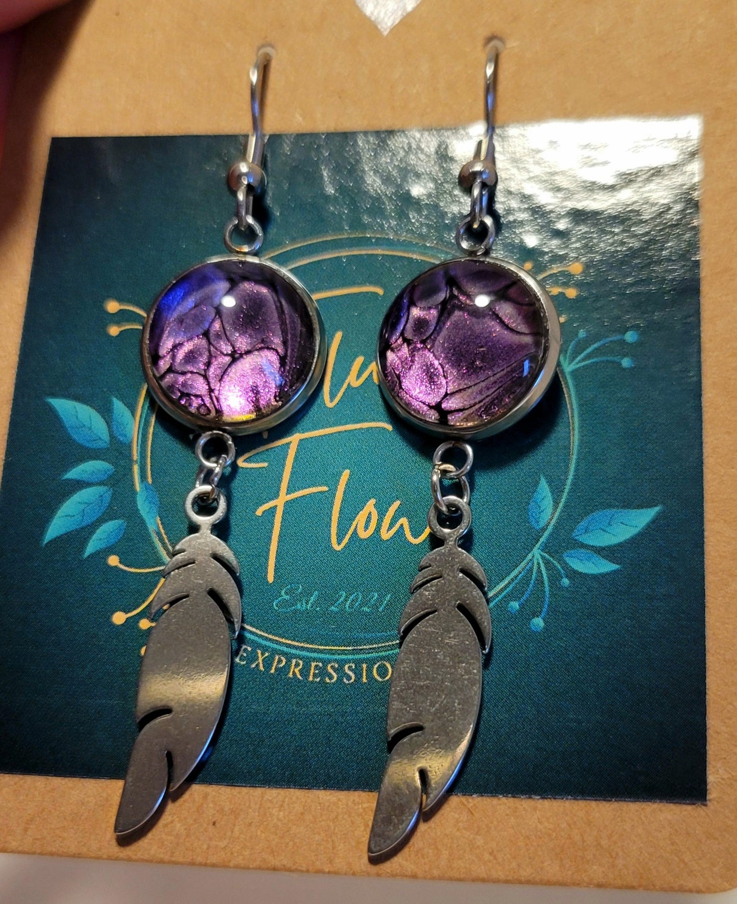 Handmade Colorshifting Silver Feather Hook Earrings