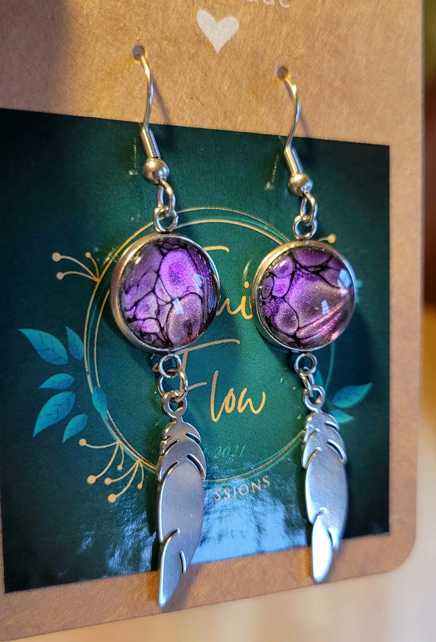 Handmade Colorshifting Silver Feather Hook Earrings