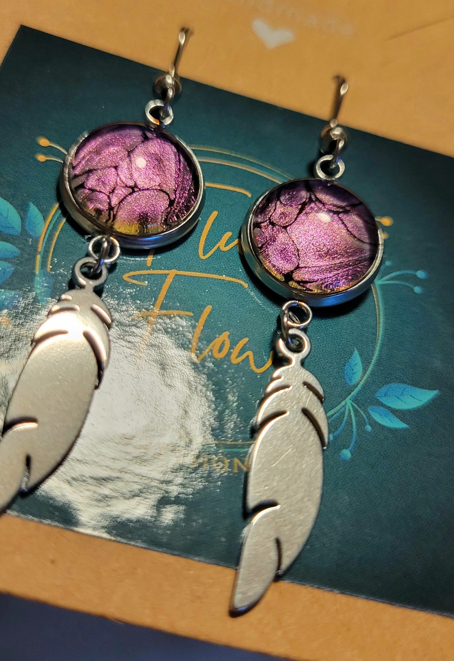 Handmade Colorshifting Silver Feather Hook Earrings