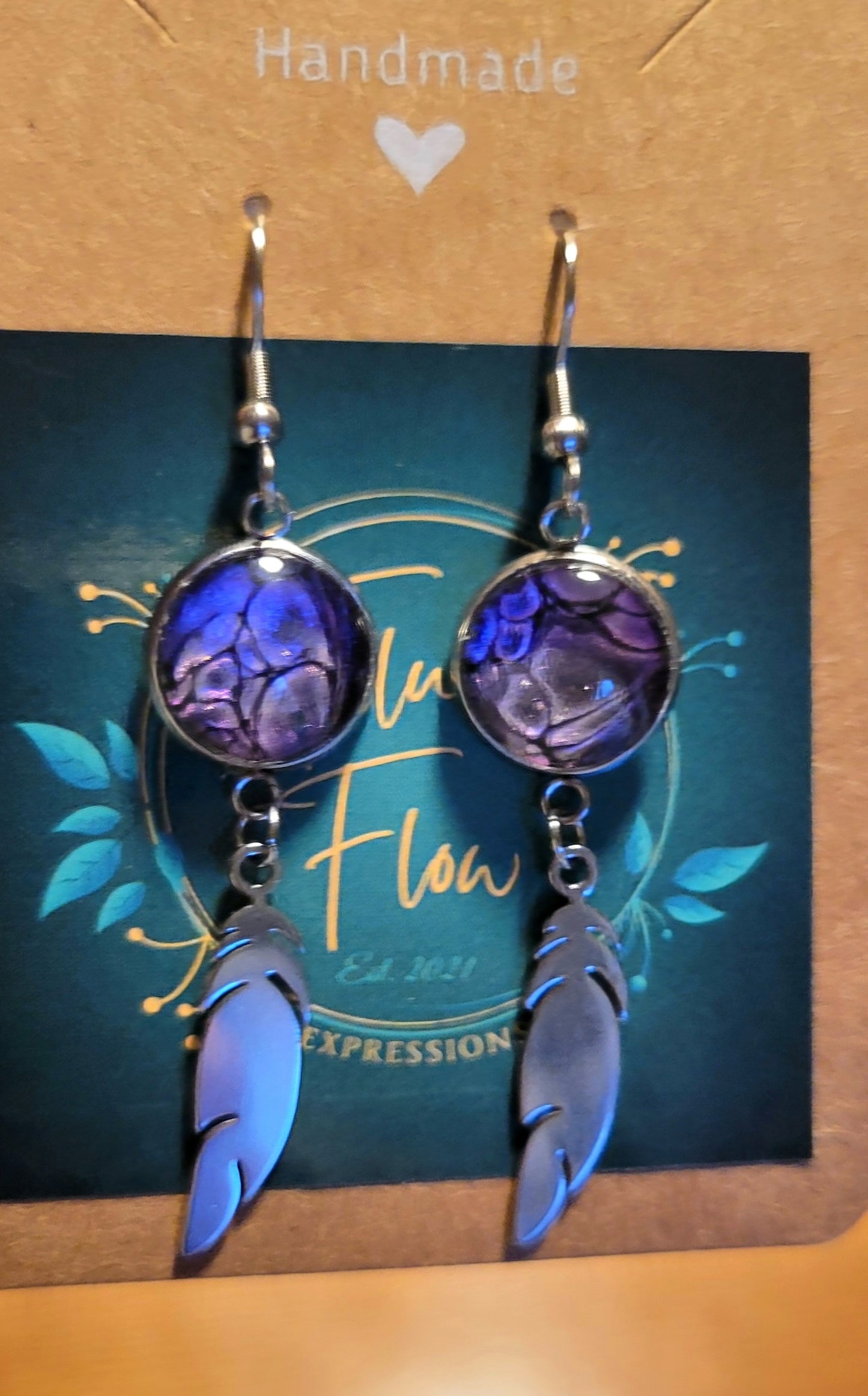 Handmade Colorshifting Silver Feather Hook Earrings