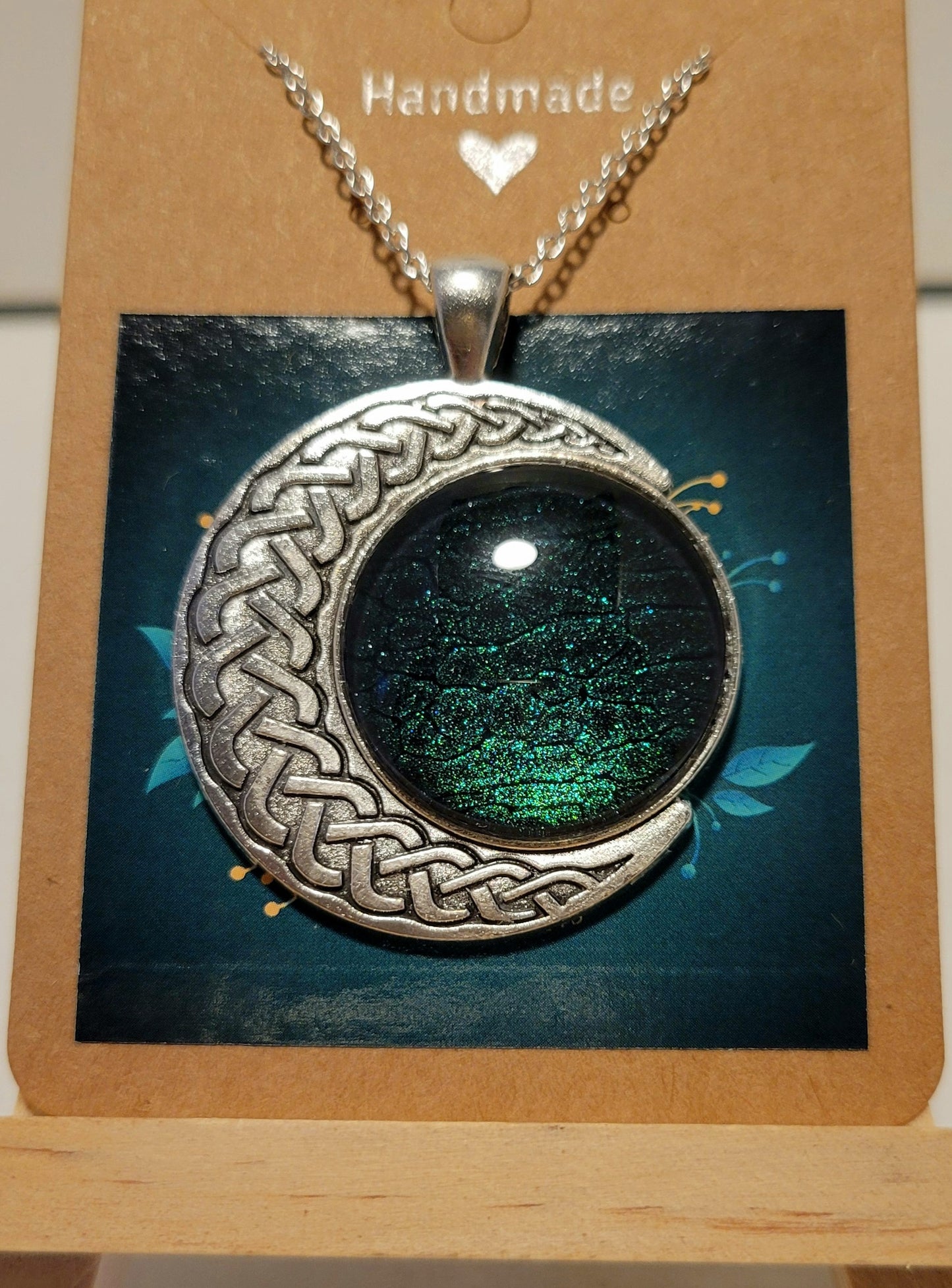 Handmade Fluid Art Colorshifting Crescent Moon Pendant with 20 inch silver plated necklace chain