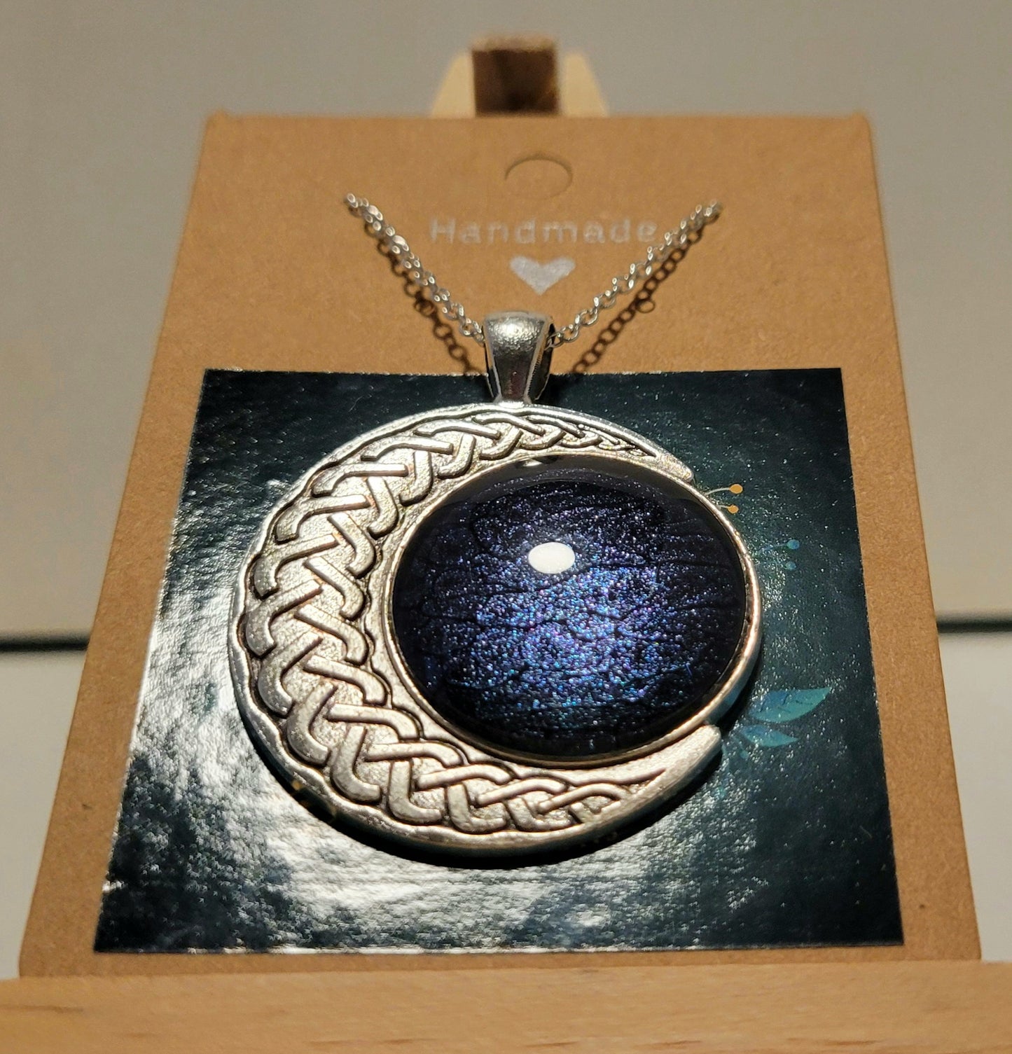 Handmade Fluid Art Colorshifting Crescent Moon Pendant with 20 inch silver plated necklace chain