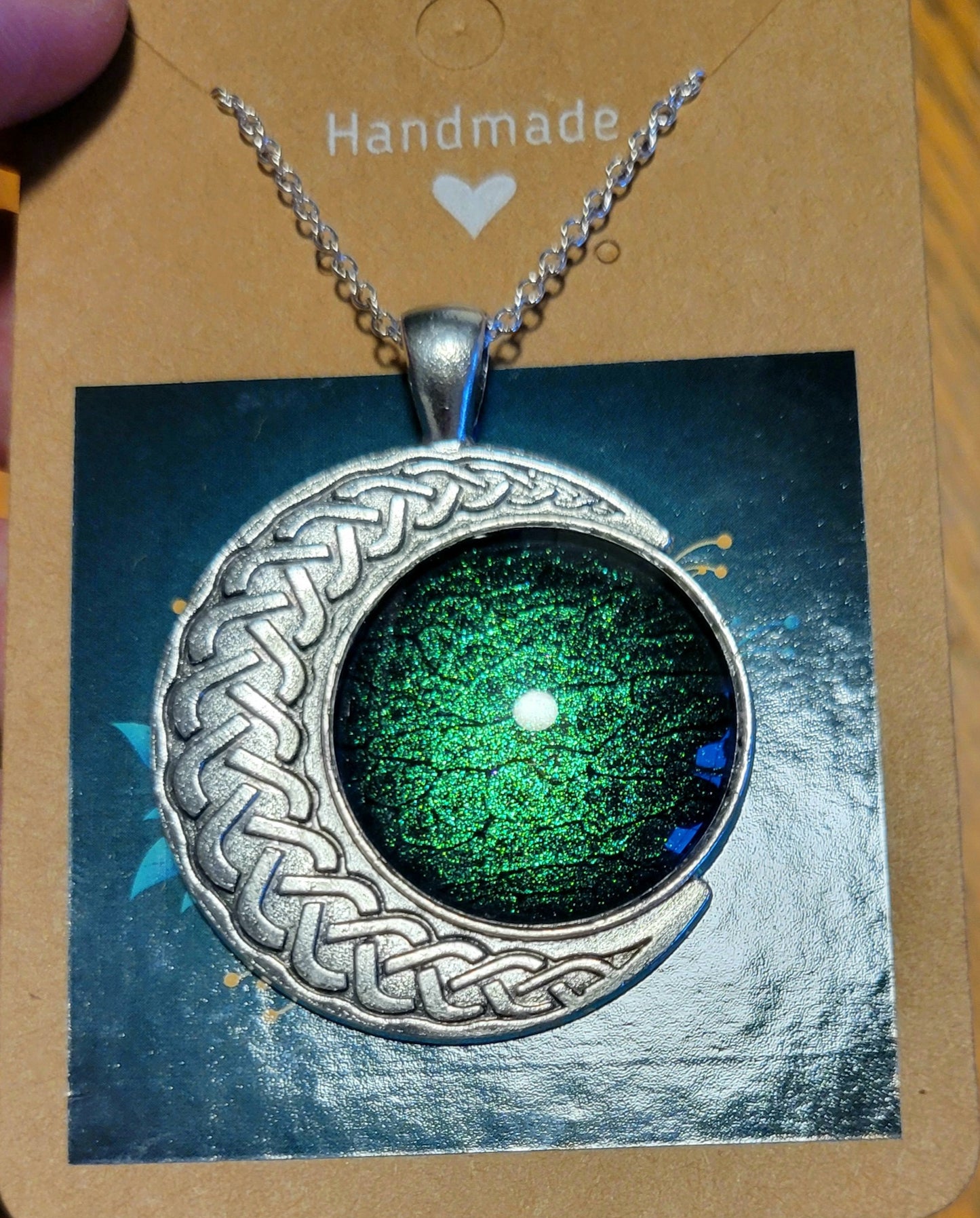 Handmade Fluid Art Colorshifting Crescent Moon Pendant with 20 inch silver plated necklace chain