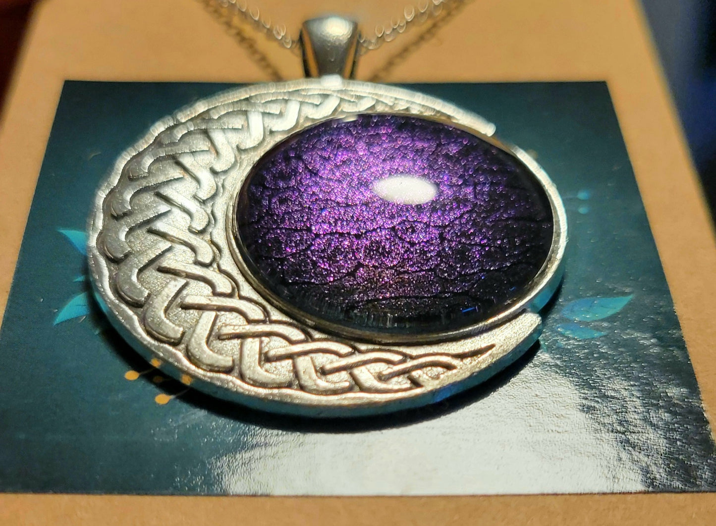 Handmade Fluid Art Colorshifting Crescent Moon Pendant with 20 inch silver plated necklace chain