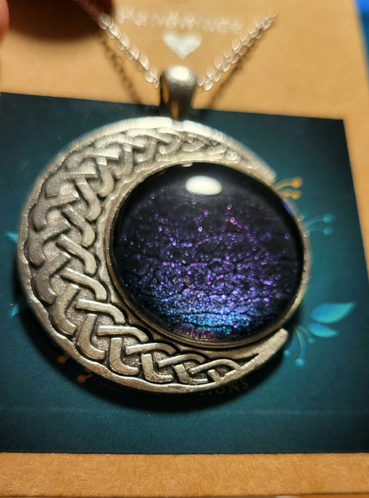 Handmade Fluid Art Colorshifting Crescent Moon Pendant with 20 inch silver plated necklace chain