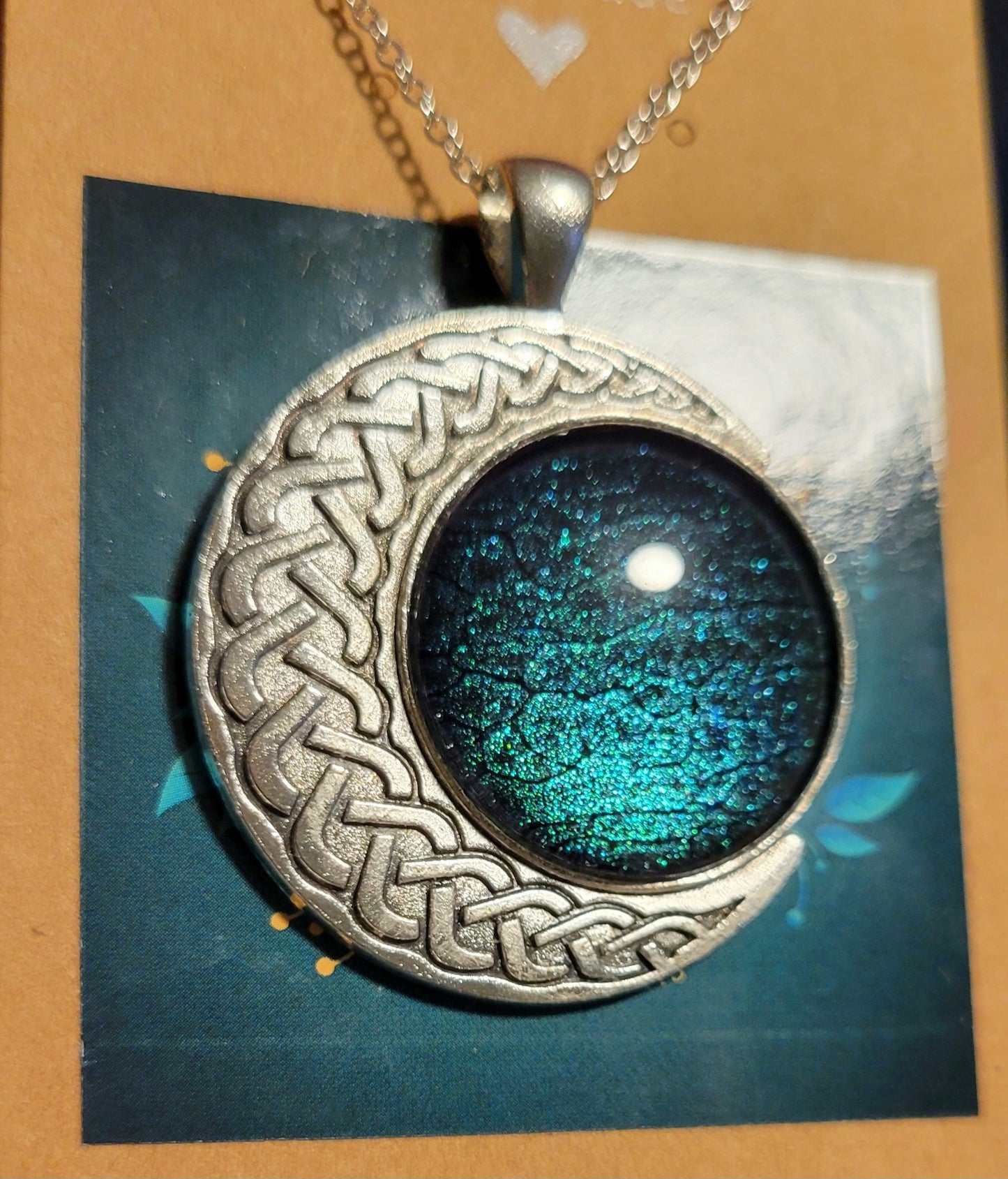 Handmade Fluid Art Colorshifting Crescent Moon Pendant with 20 inch silver plated necklace chain