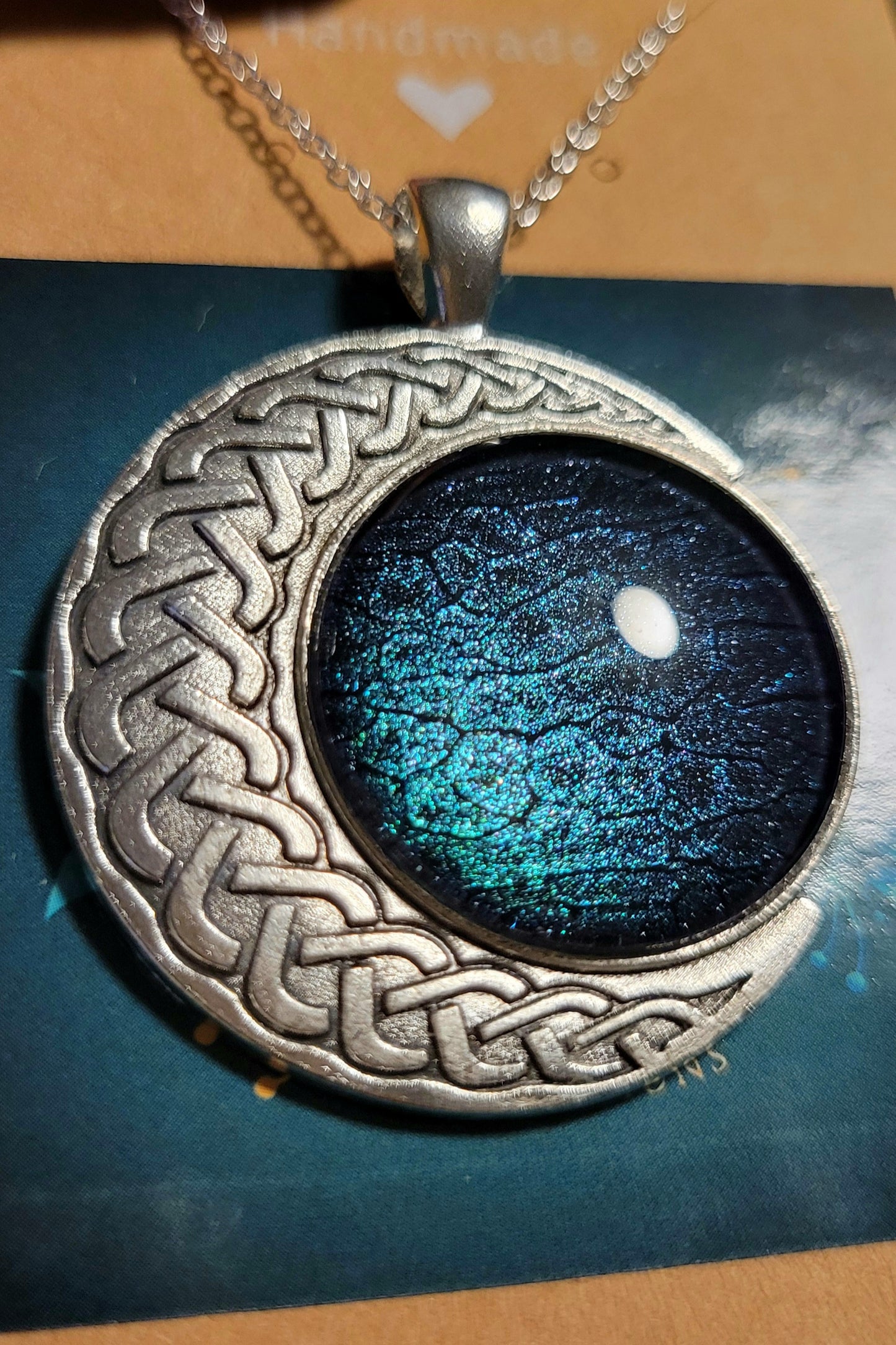 Handmade Fluid Art Colorshifting Crescent Moon Pendant with 20 inch silver plated necklace chain