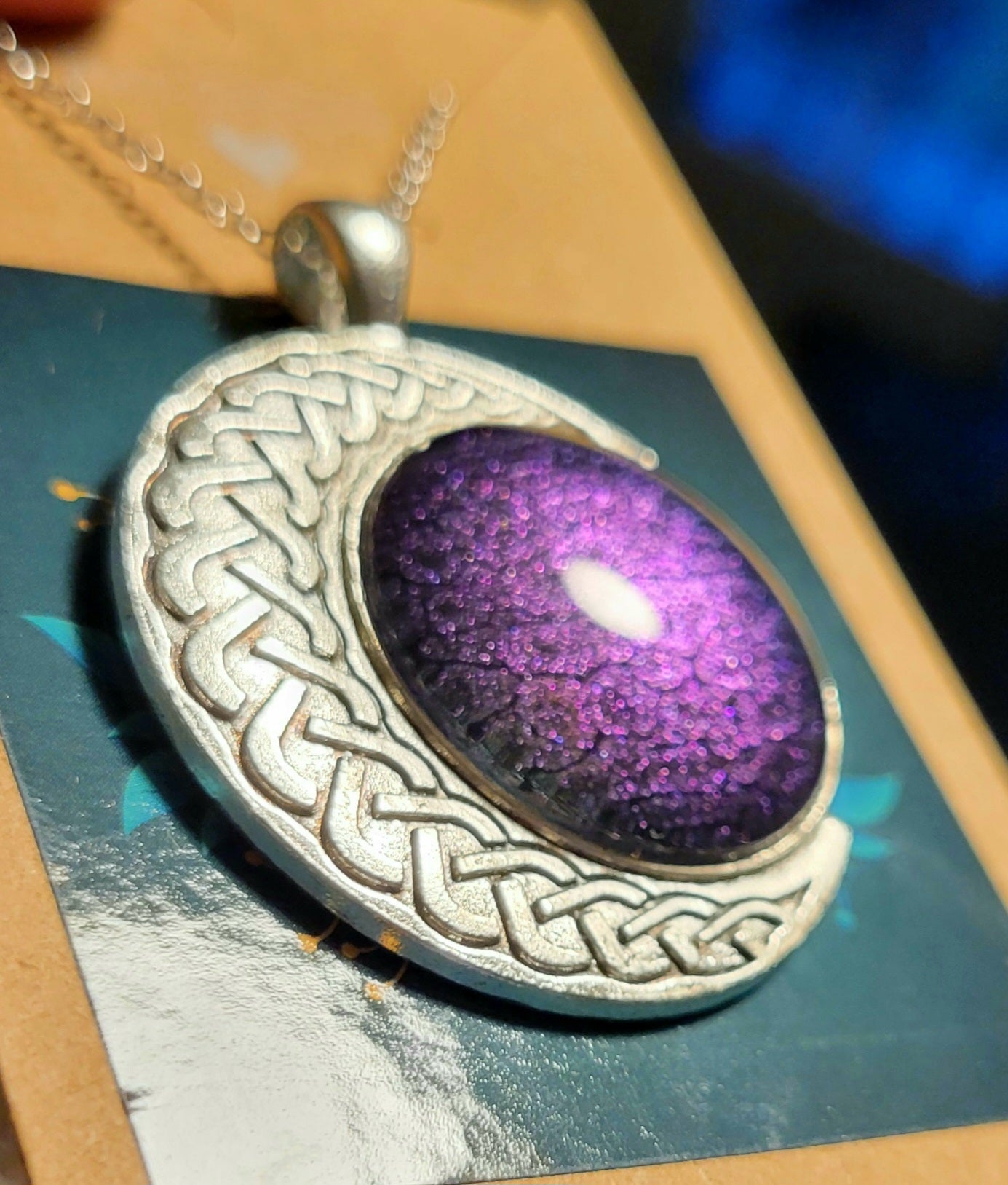 Handmade Fluid Art Colorshifting Crescent Moon Pendant with 20 inch silver plated necklace chain