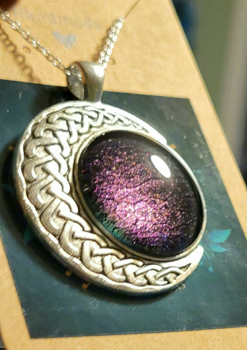 Handmade Fluid Art Colorshifting Crescent Moon Pendant with 20 inch silver plated necklace chain