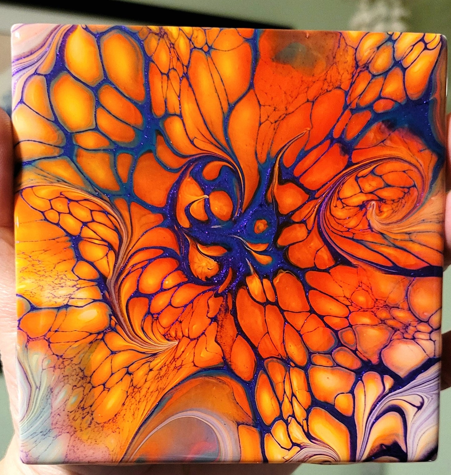 Fluid Art Bloom on 4.25 inch tile/Coaster with Cork Bottom