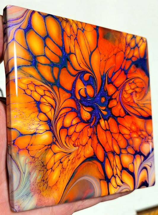 Fluid Art Bloom on 4.25 inch tile/Coaster with Cork Bottom