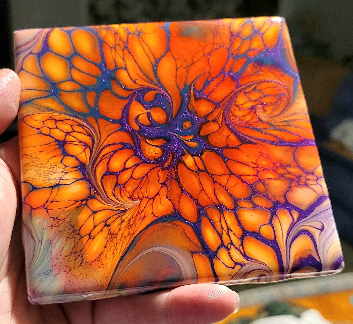 Fluid Art Bloom on 4.25 inch tile/Coaster with Cork Bottom