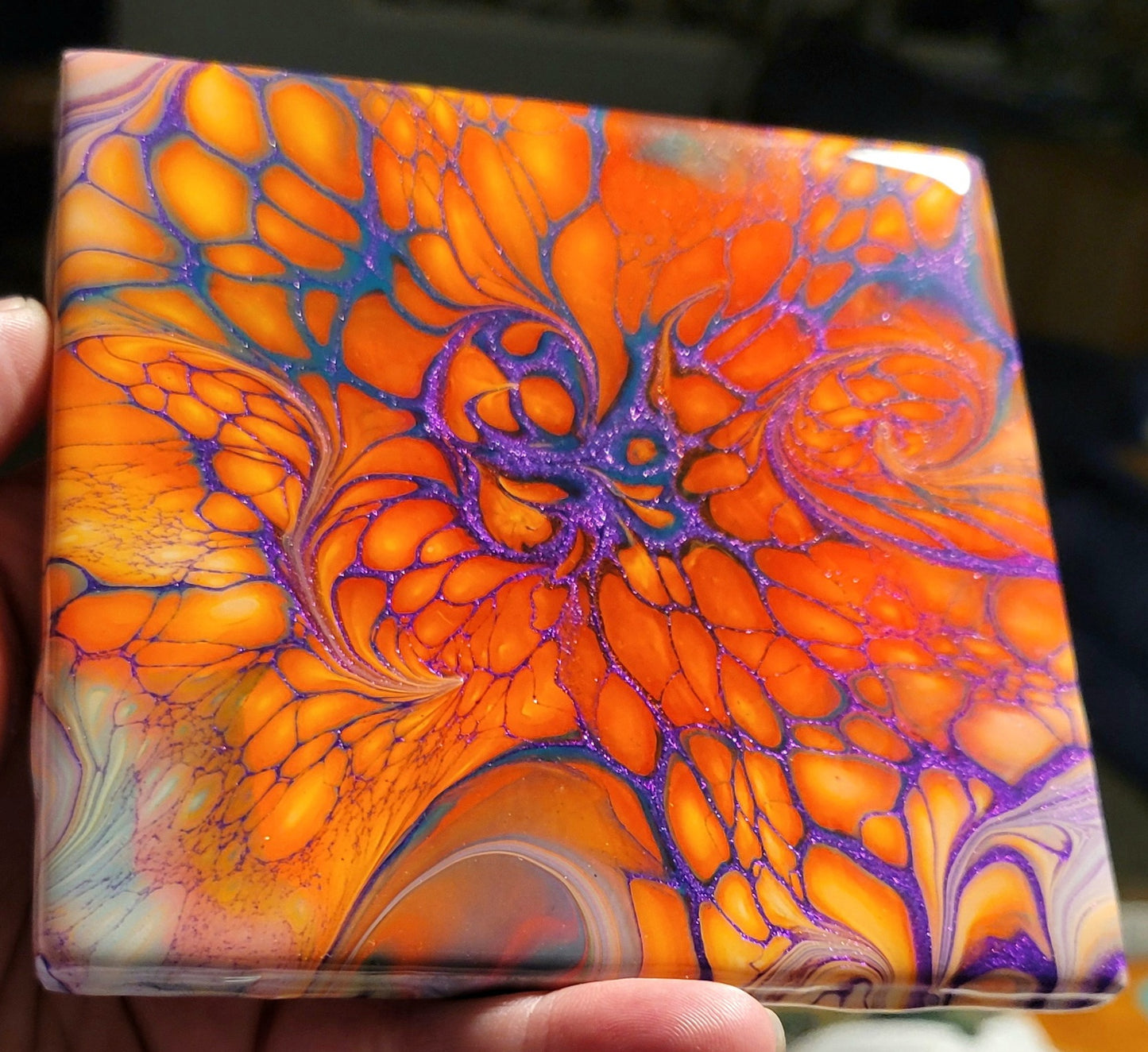 Fluid Art Bloom on 4.25 inch tile/Coaster with Cork Bottom