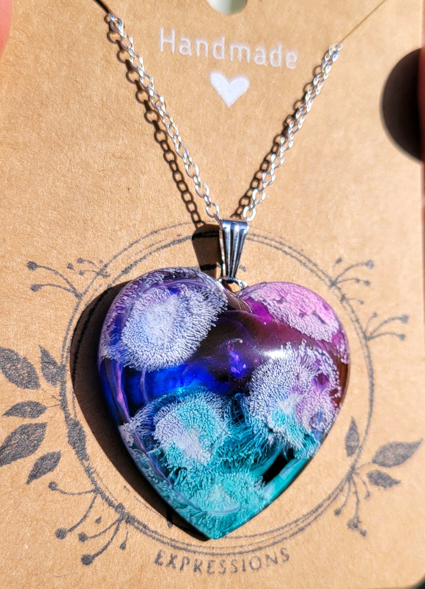 Handmade Resin Art Heart Pendant with 20 inch silver plated necklace chain