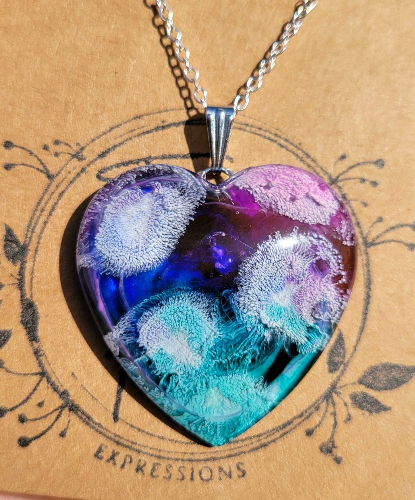 Handmade Resin Art Heart Pendant with 20 inch silver plated necklace chain