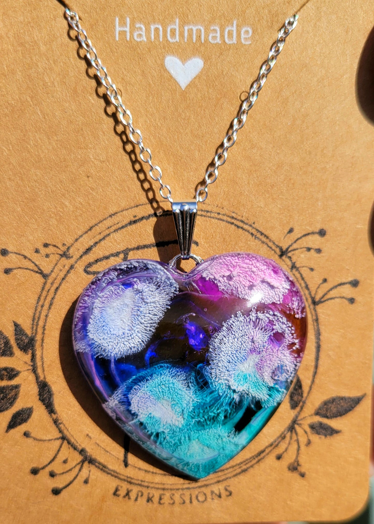 Handmade Resin Art Heart Pendant with 20 inch silver plated necklace chain