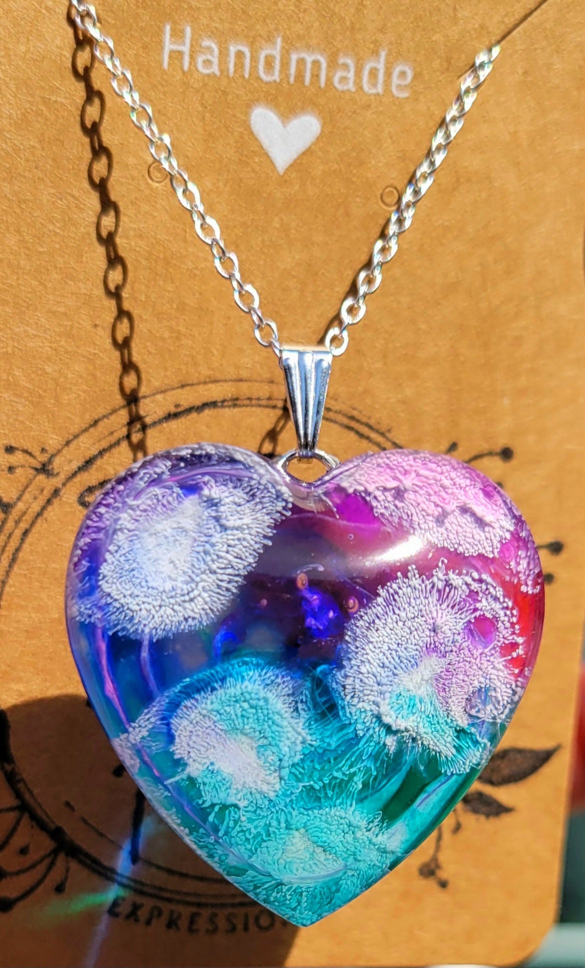 Handmade Resin Art Heart Pendant with 20 inch silver plated necklace chain