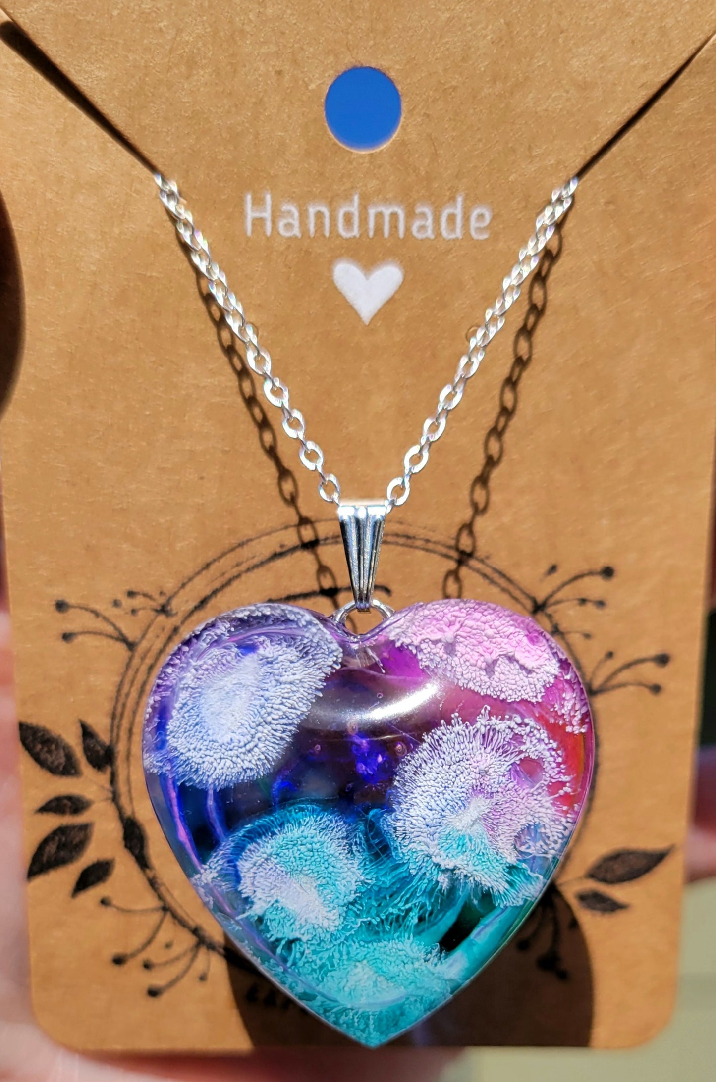 Handmade Resin Art Heart Pendant with 20 inch silver plated necklace chain