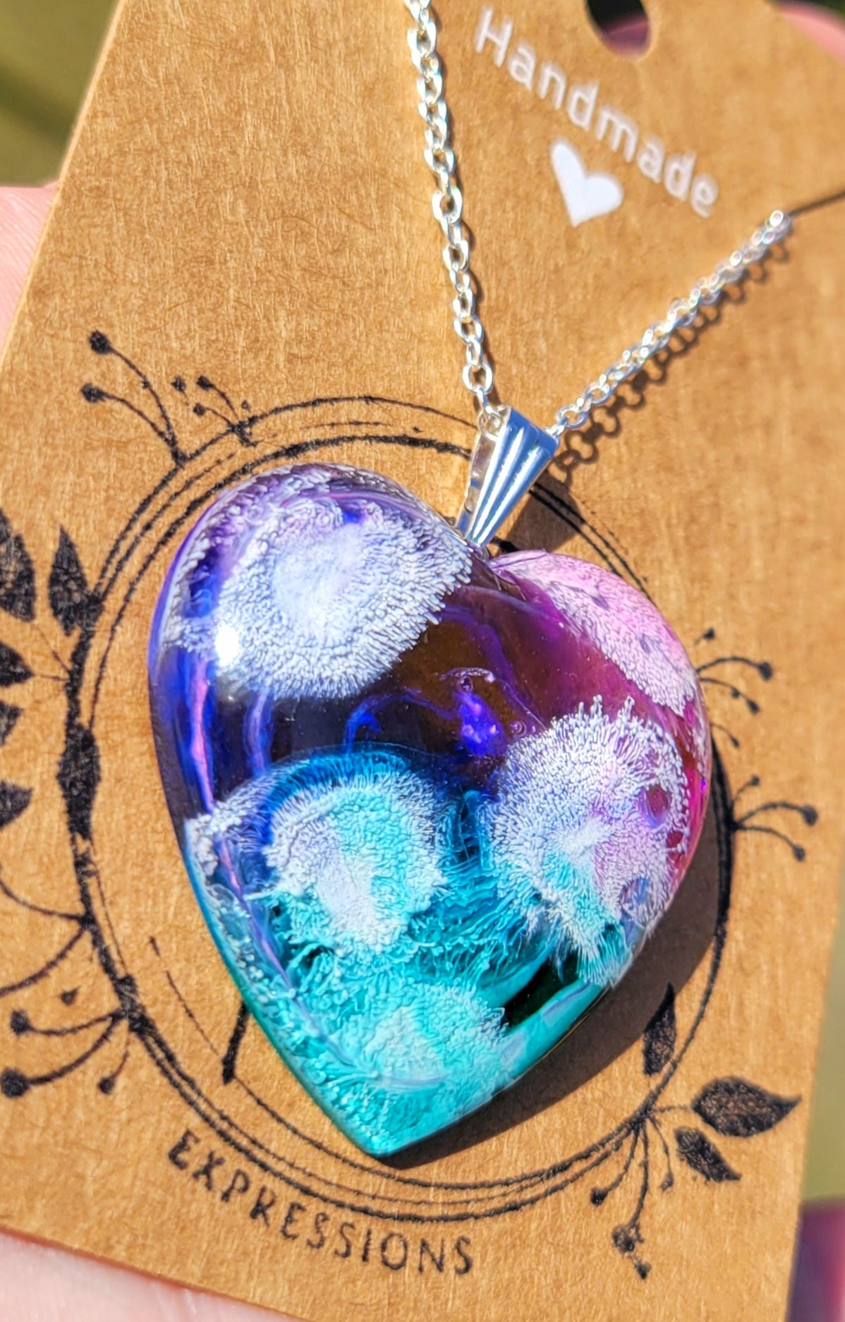 Handmade Resin Art Heart Pendant with 20 inch silver plated necklace chain