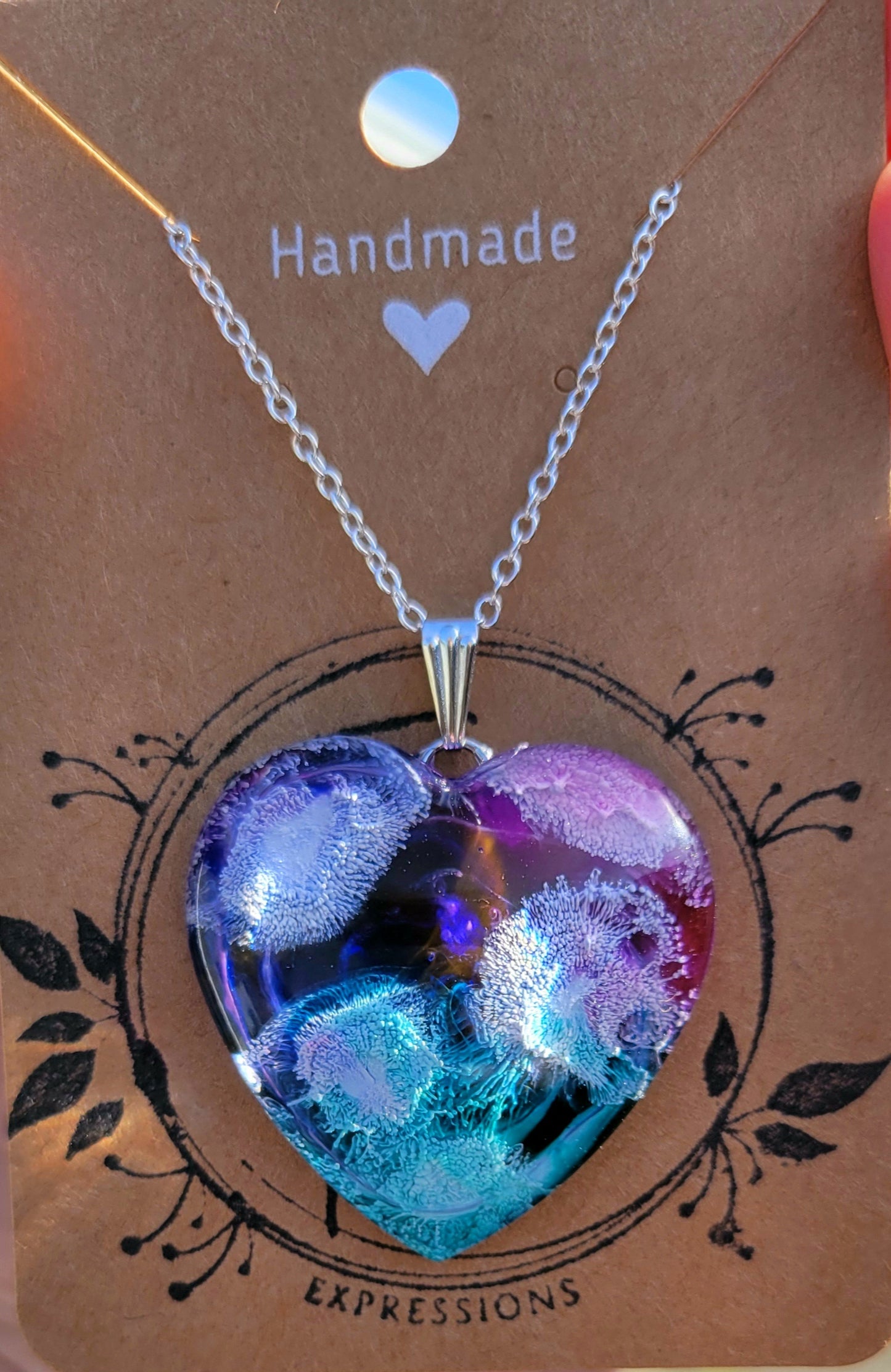 Handmade Resin Art Heart Pendant with 20 inch silver plated necklace chain