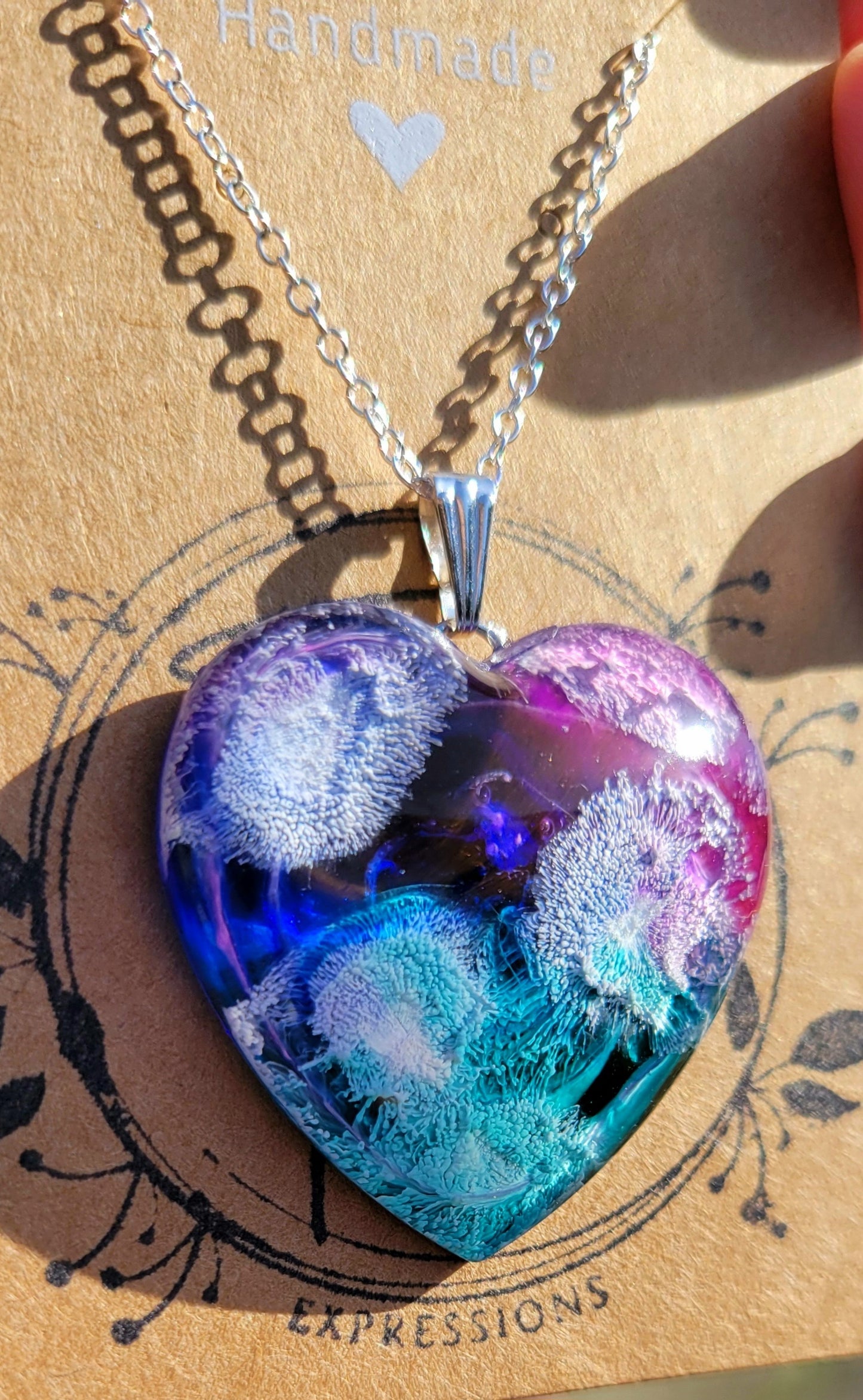 Handmade Resin Art Heart Pendant with 20 inch silver plated necklace chain