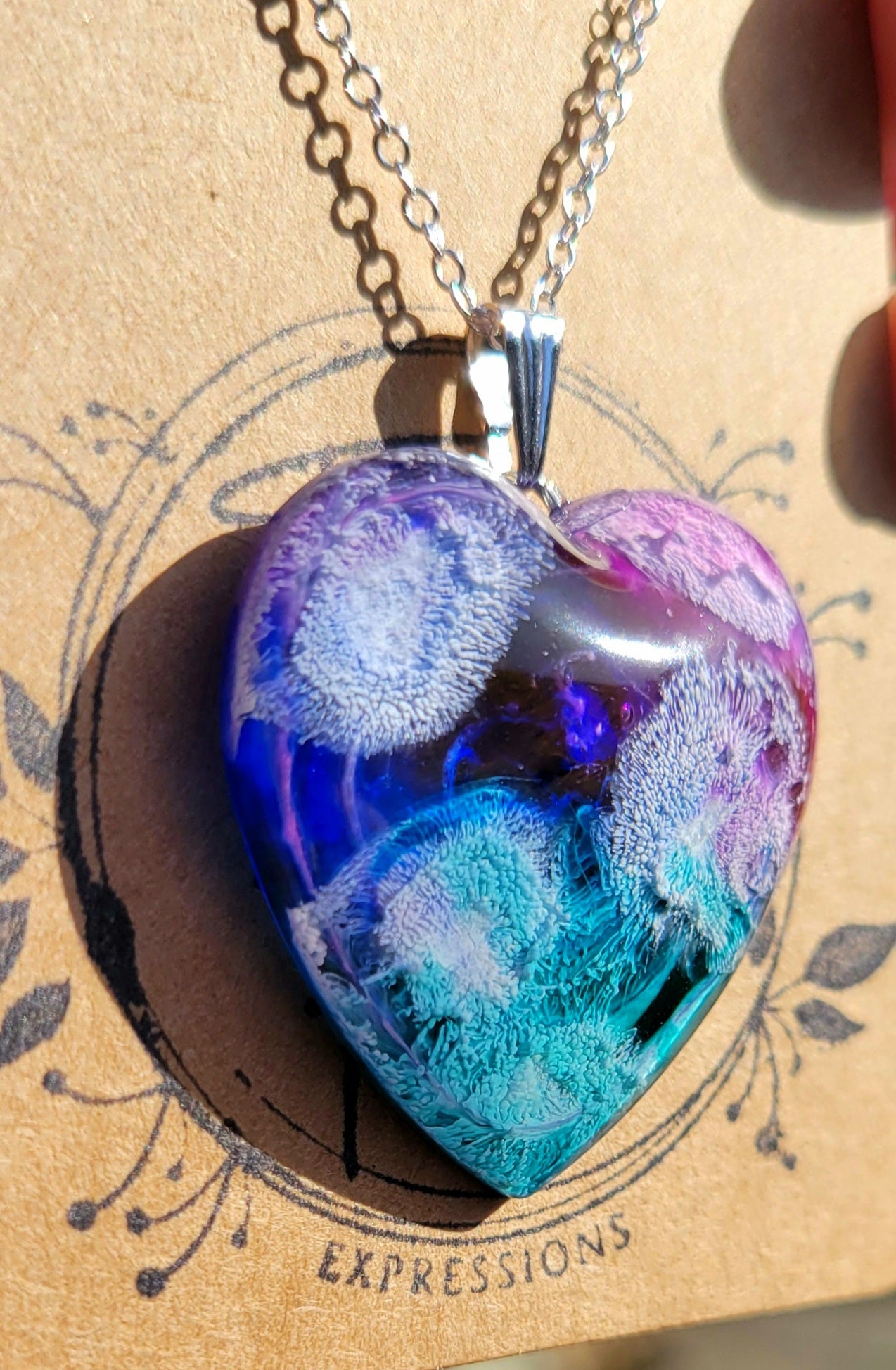 Handmade Resin Art Heart Pendant with 20 inch silver plated necklace chain