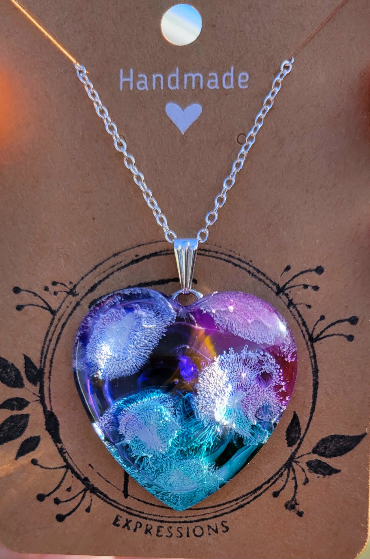 Handmade Resin Art Heart Pendant with 20 inch silver plated necklace chain