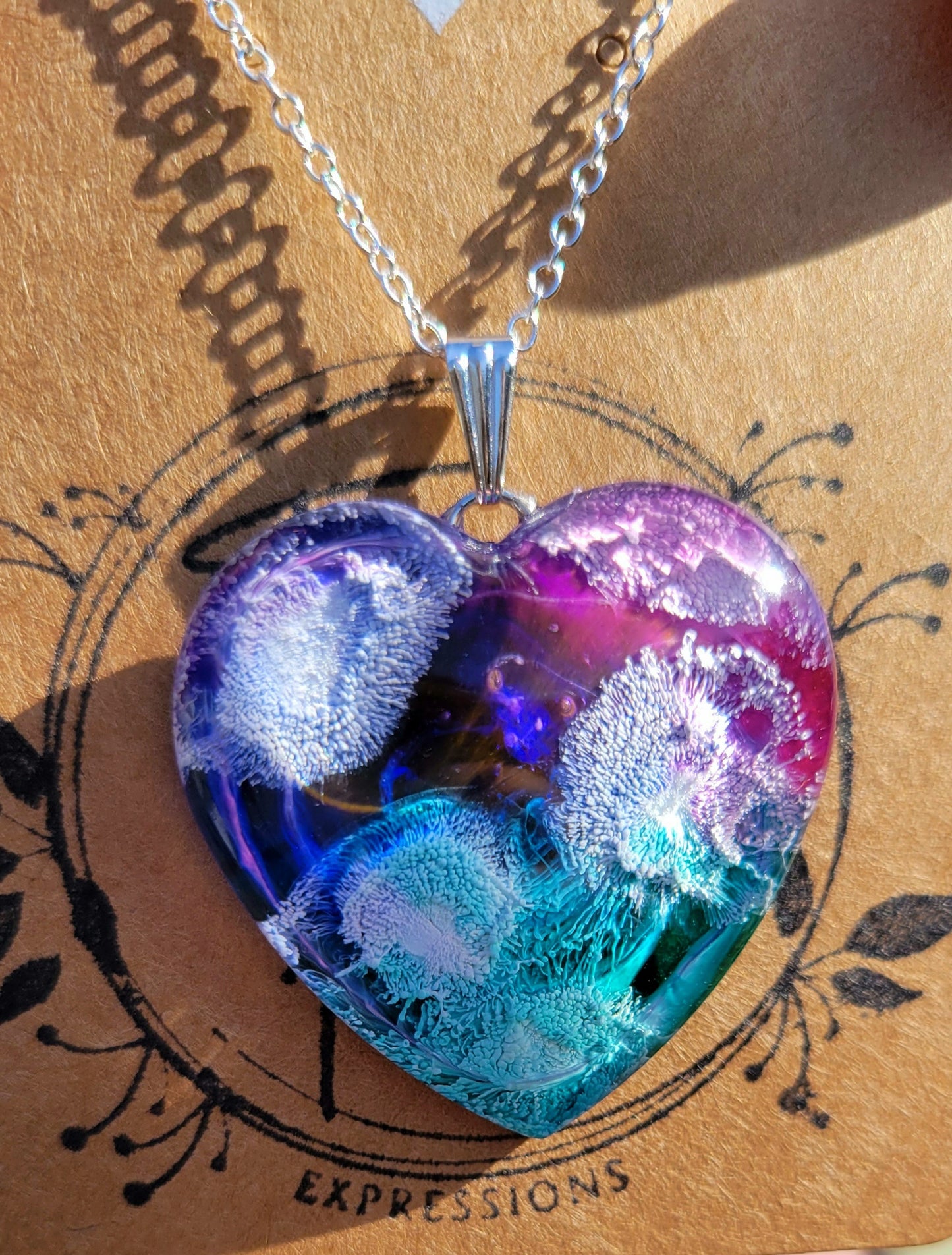 Handmade Resin Art Heart Pendant with 20 inch silver plated necklace chain