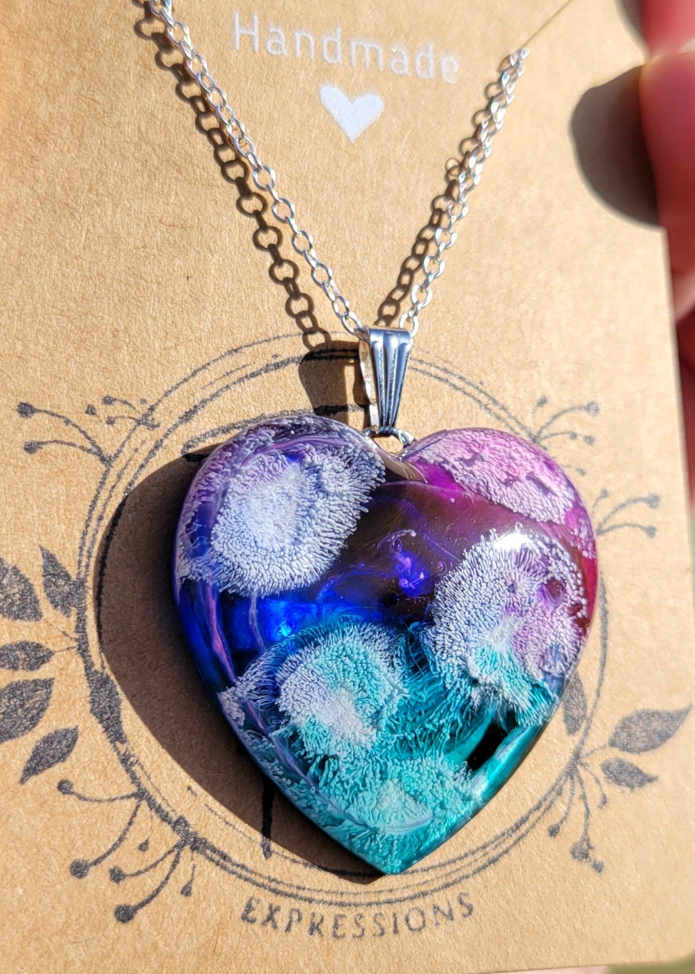 Handmade Resin Art Heart Pendant with 20 inch silver plated necklace chain