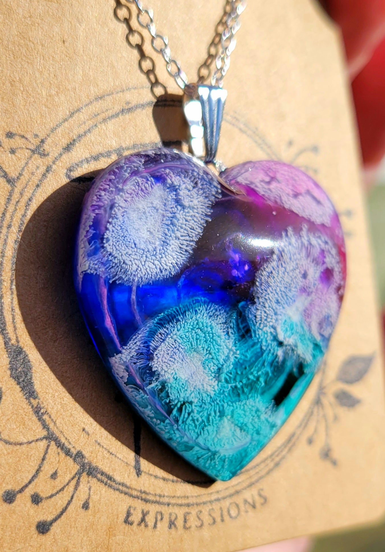 Handmade Resin Art Heart Pendant with 20 inch silver plated necklace chain