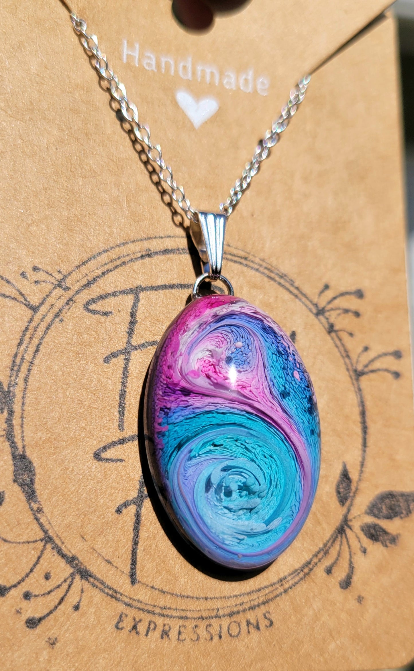 Handmade Resin Art 35mm Oval Pendant with 20 inch Silver Plated necklace Chain