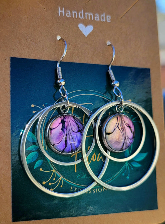 Handmade Fluid Art Colorshifting Round Decorative Hook Earrings