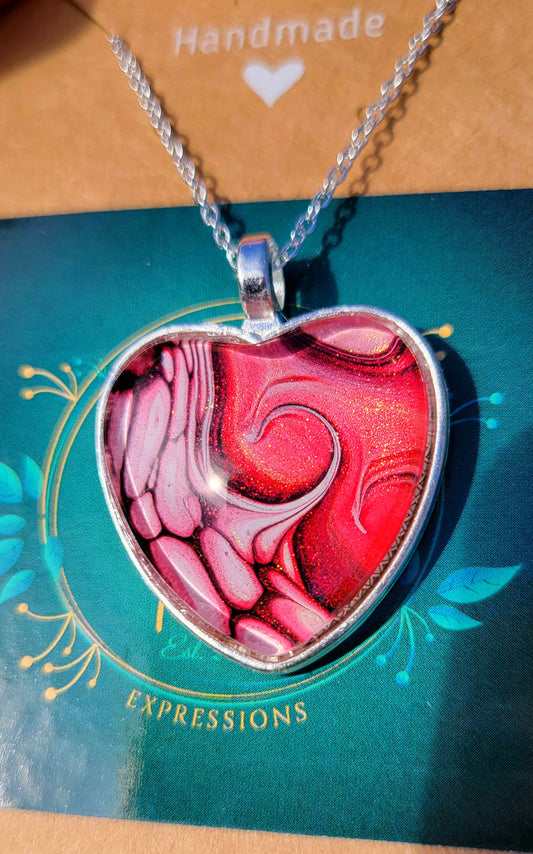 Handmade Fluid Art Heart Pendant with 20 inch Silver chain