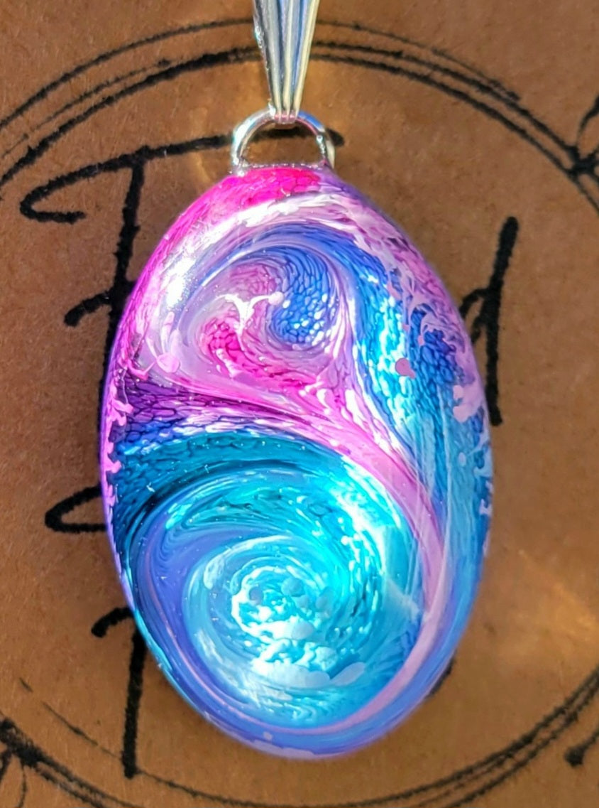 Handmade Resin Art 35mm Oval Pendant with 20 inch Silver Plated necklace Chain