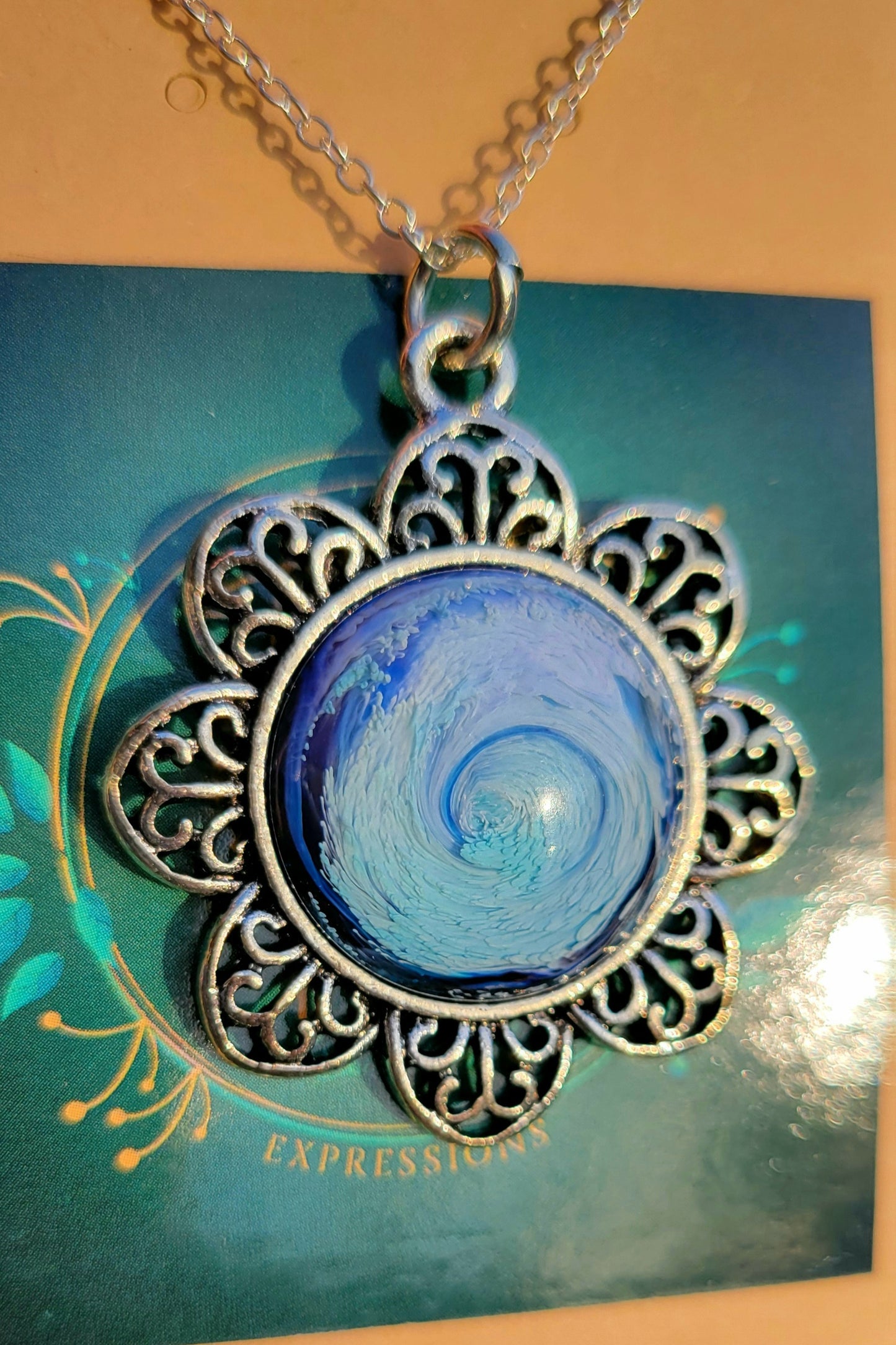 Handmade Resin Art Flower Pendant with 18" inch silver plated necklace chain.