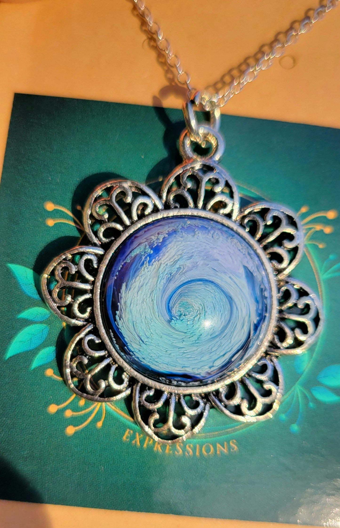 Handmade Resin Art Flower Pendant with 18" inch silver plated necklace chain.