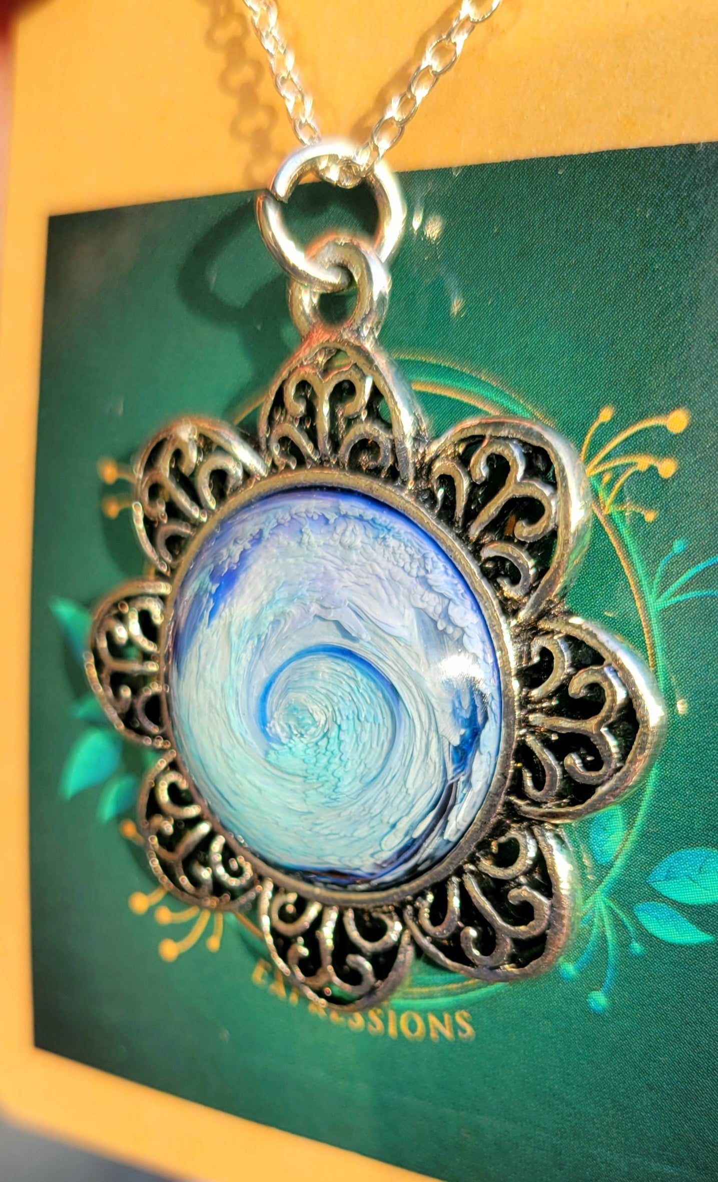 Handmade Resin Art Flower Pendant with 18" inch silver plated necklace chain.