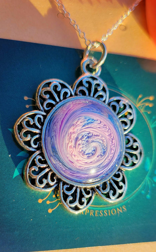 Handmade Resin Art Flower Pendant with 18" inch silver plated necklace chain.