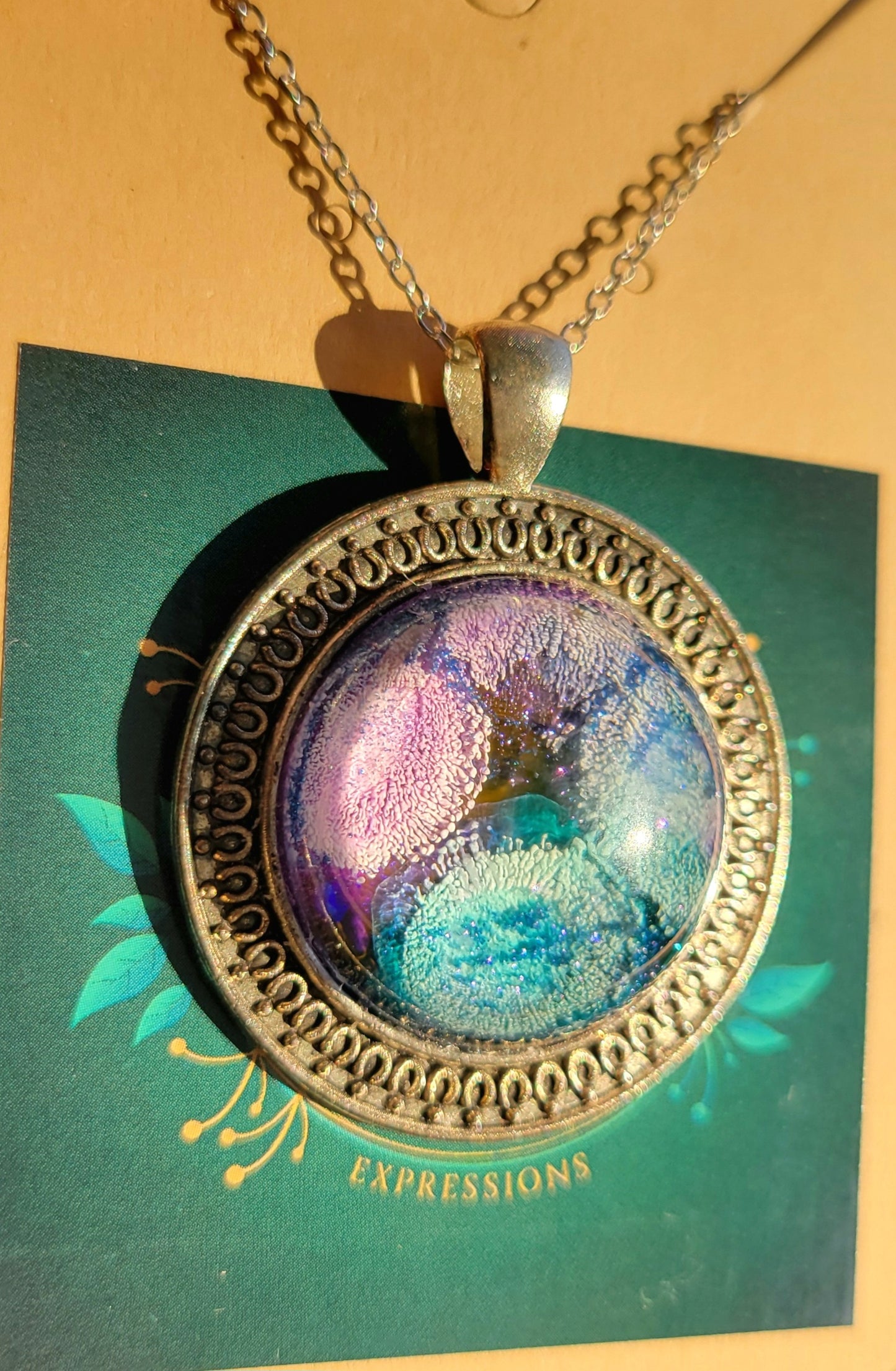 Handmade Resin Art Pendant "Anemone Garden" with 18 inch silver plated necklace chain.