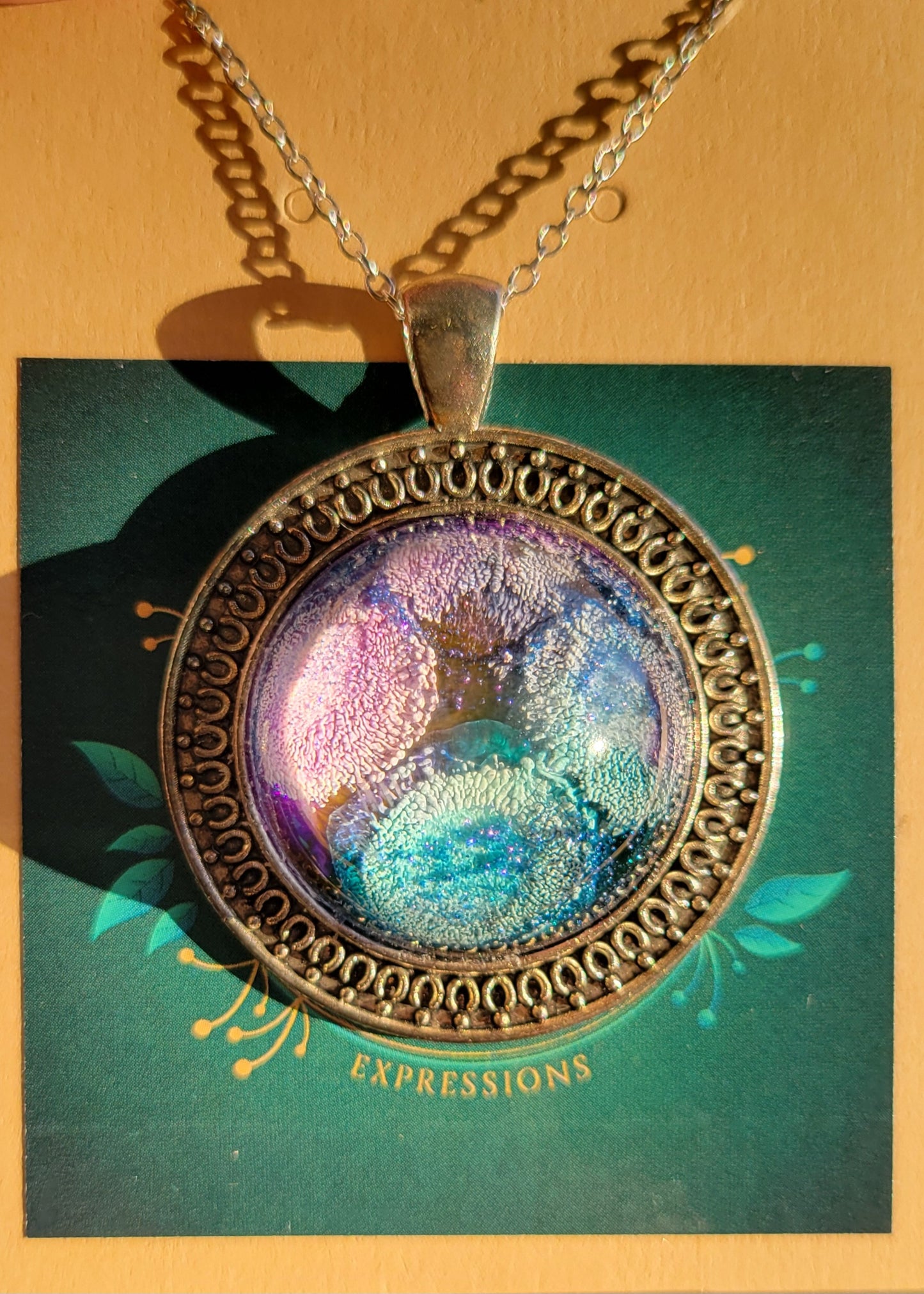 Handmade Resin Art Pendant "Anemone Garden" with 18 inch silver plated necklace chain.