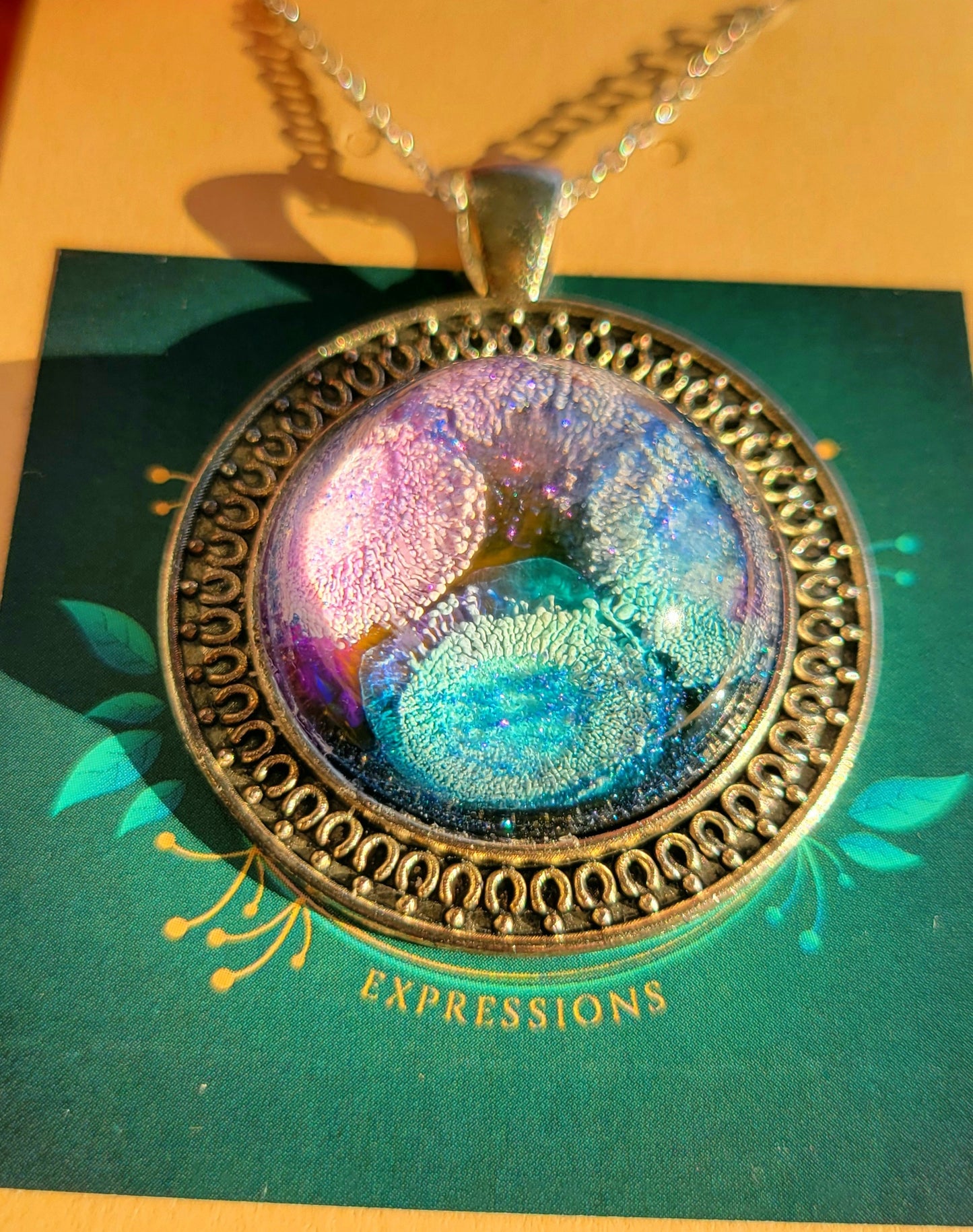 Handmade Resin Art Pendant "Anemone Garden" with 18 inch silver plated necklace chain.