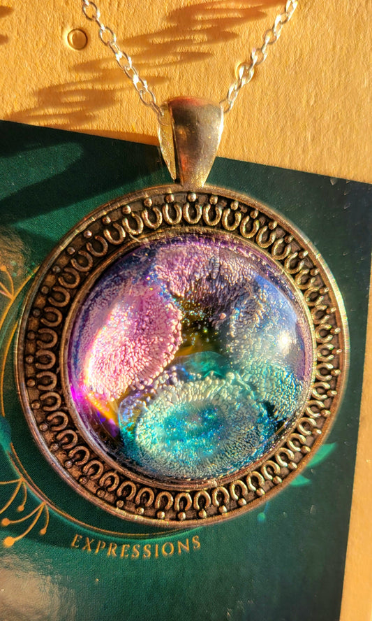 Handmade Resin Art Pendant "Anemone Garden" with 18 inch silver plated necklace chain.
