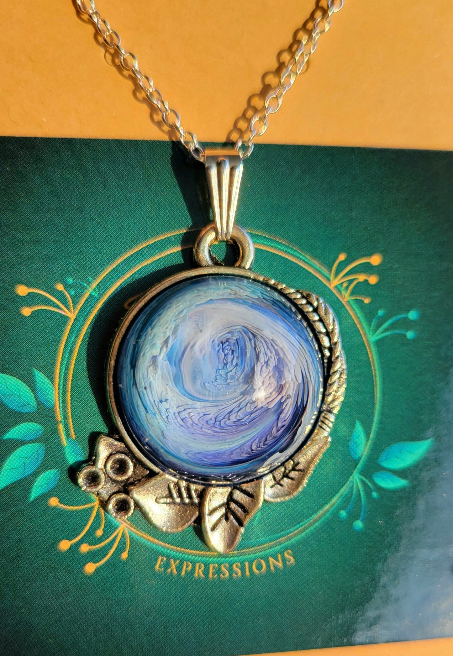 Handmade Resin Art Pendant with 18 inch silver plated necklace chain.