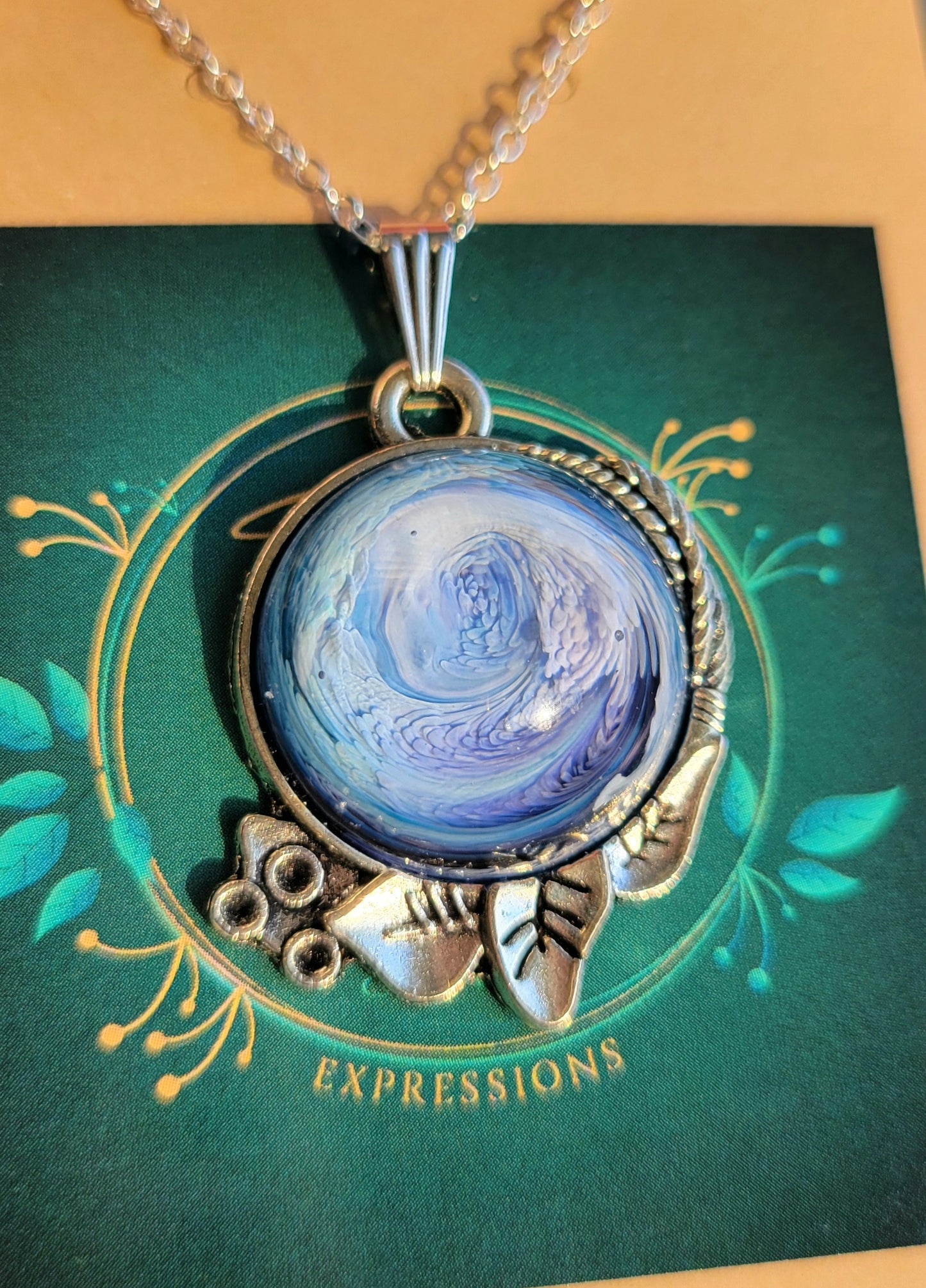 Handmade Resin Art Pendant with 18 inch silver plated necklace chain.